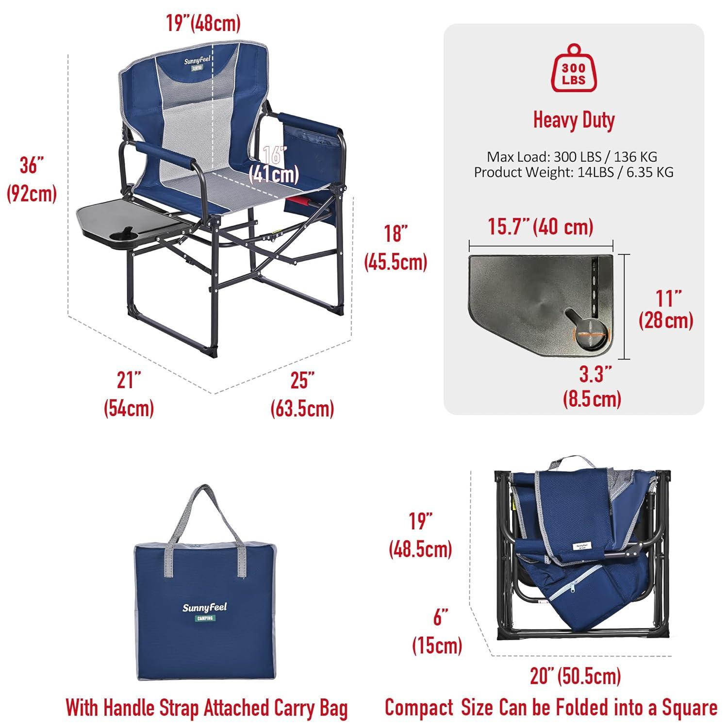 SUNNYFEEL Oversized Camping Directors Chair, Portable Folding Lawn Chairs for Adults Heavy Duty with Side Table,Pocket for Beach, Fishing,Picnic,Concert,Tailgating, Outdoor Foldable Camp Chair