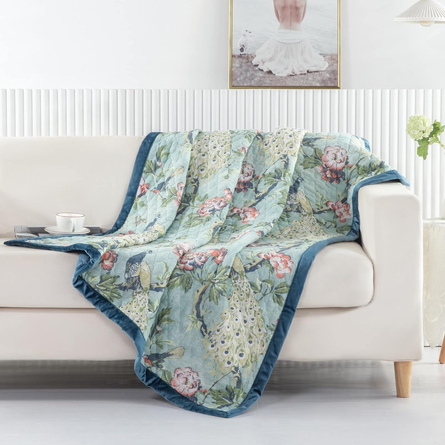 Jade Floral and Peacock Quilted Throw Blanket