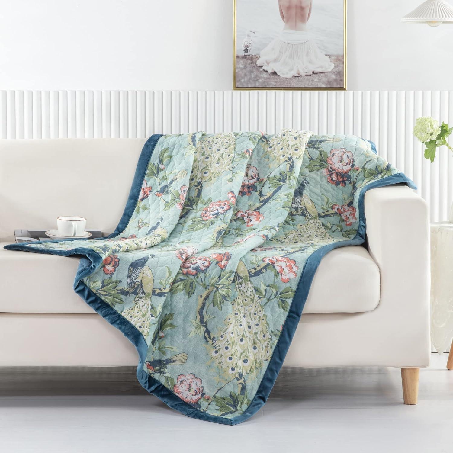 Greenland Home Fashions Pavona Peacock Velvet Binding Quilted Throw