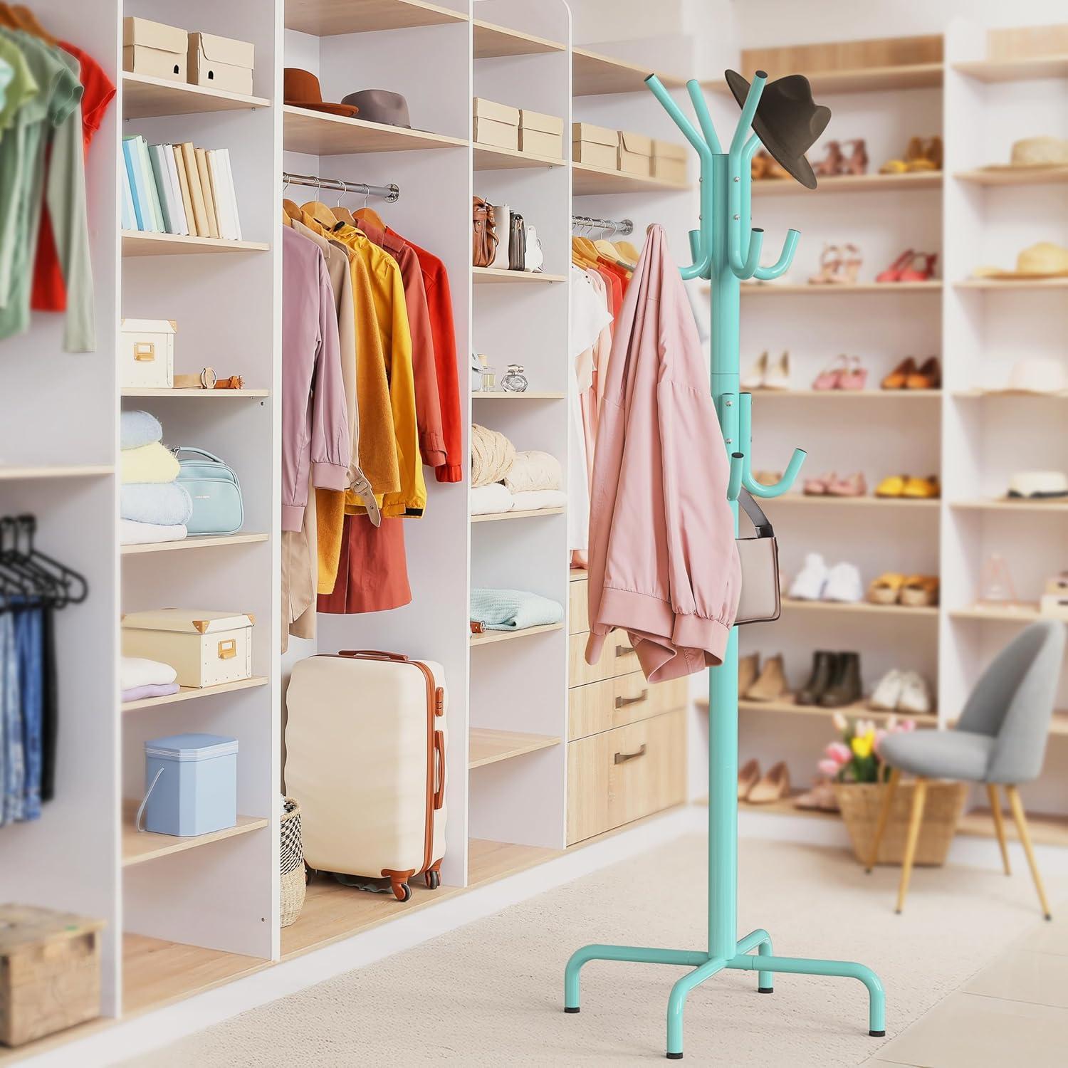 Simple Houseware Free Standing Coat and Hat Hanger Organizer Rack for Entryway, Bedroom, and Hallway, 12 Hooks, Turquoise