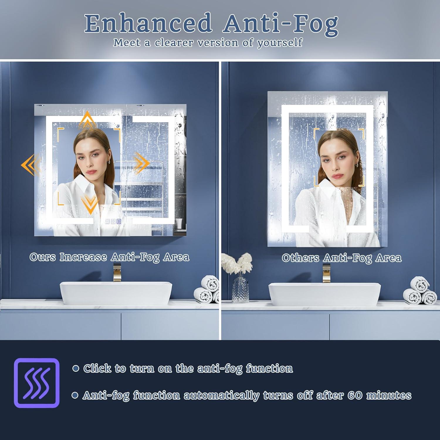 ExBrite Lighted Medicine Cabinet 36x30 Inch,Recessed or Surface led Medicine Cabinet, Three Glass Shelves,Defog,Stepless Dimming,Medicine Cabinet with Lights 3-Color Temper Change, Outlets & USBs