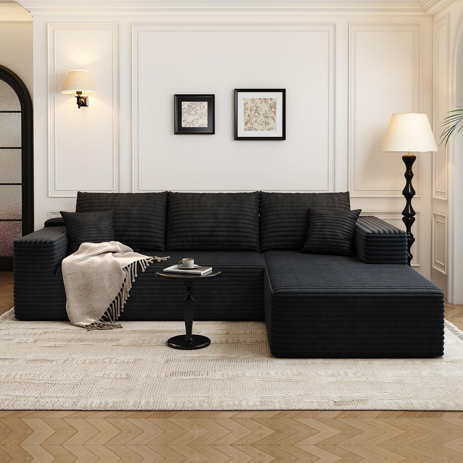 107.5" Cloud Modular Sectional Sofa Couch with L-Shape Chaise,Modern Minimalist Upholstered Couches for Living Room Bedroom,Deep Seat Corner Couch，No Assembly Required (Black,Left Facing Chaise)