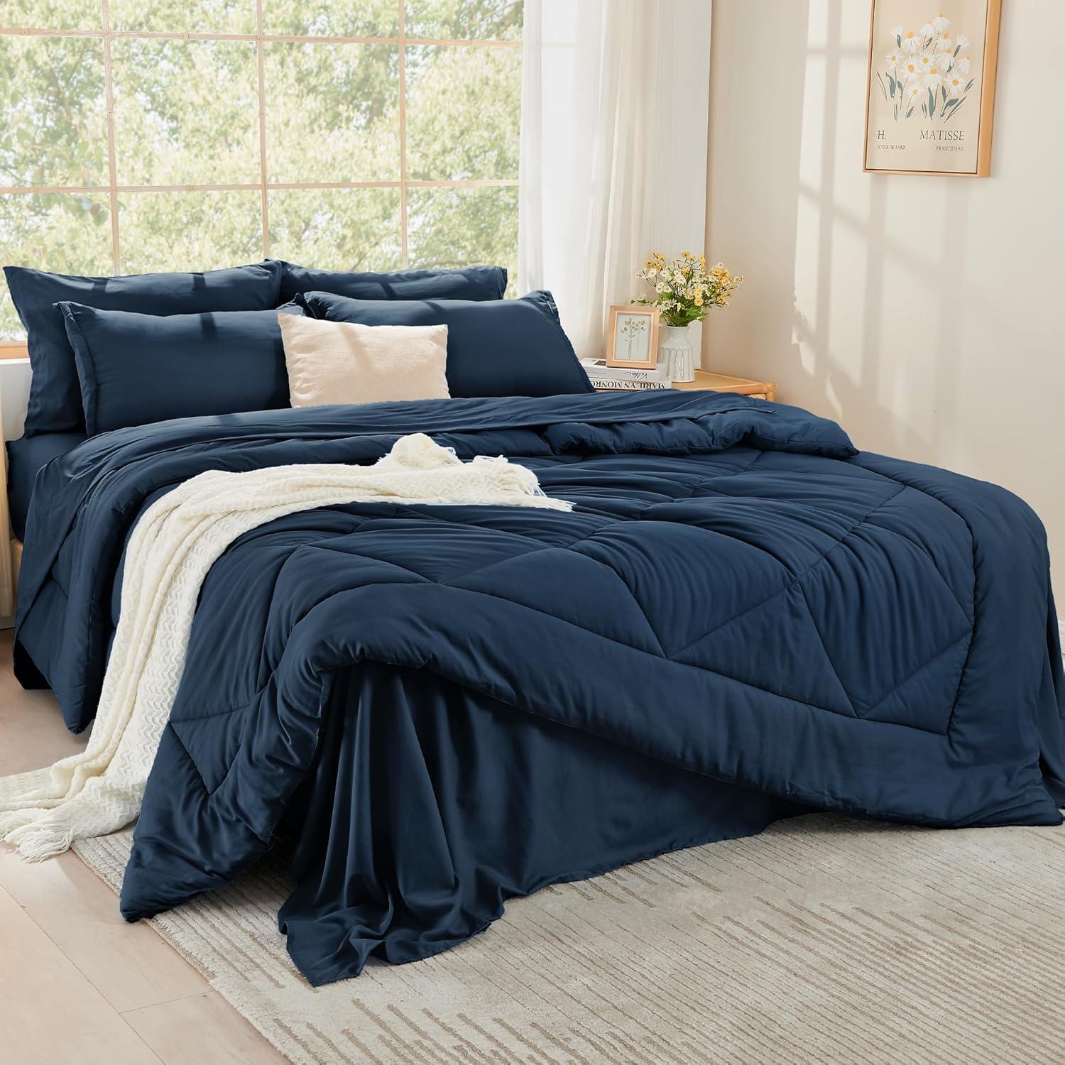 Virtu Queen Comforter Set, 7pc Bed in a Bag, Pleated Bedding Comforter Sets with Sheets, Navy