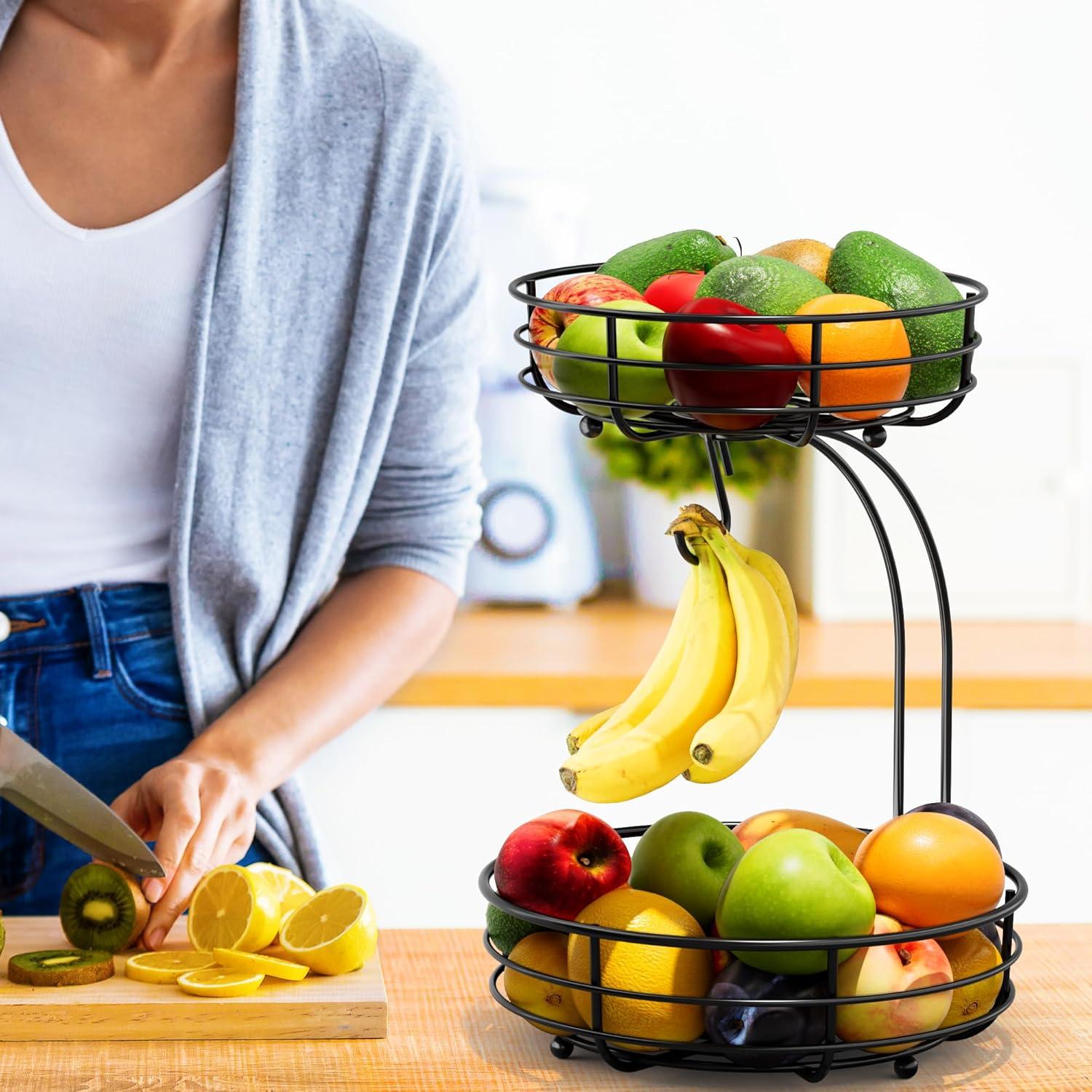 Bextsrack Fruit Basket for Kitchen Countertop, 2-Tier Vegetable Fruit Bowl with Banana Hanger, Black
