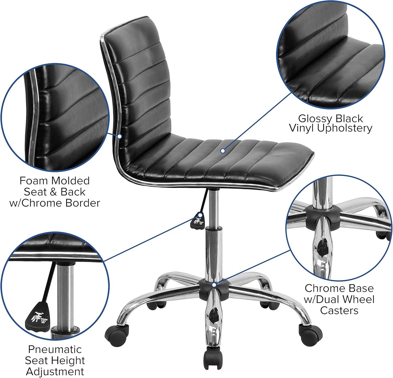 Alan Low Back Armless Black Vinyl Swivel Task Chair with Chrome Base