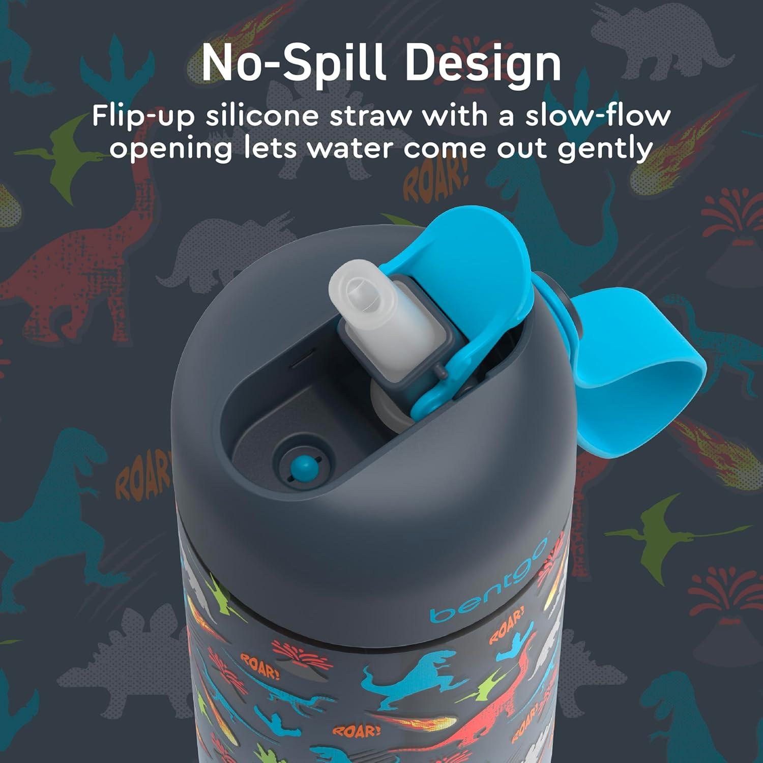 Bentgo® Kids Water Bottle 2-Pack - New, Improved 2023 Leak-Proof BPA-Free 15 oz Cups for Toddlers & Children - Flip-Up Safe-Sip Straw for School, Sports, Daycare, Camp (Dinosaur/Dino Fossils)
