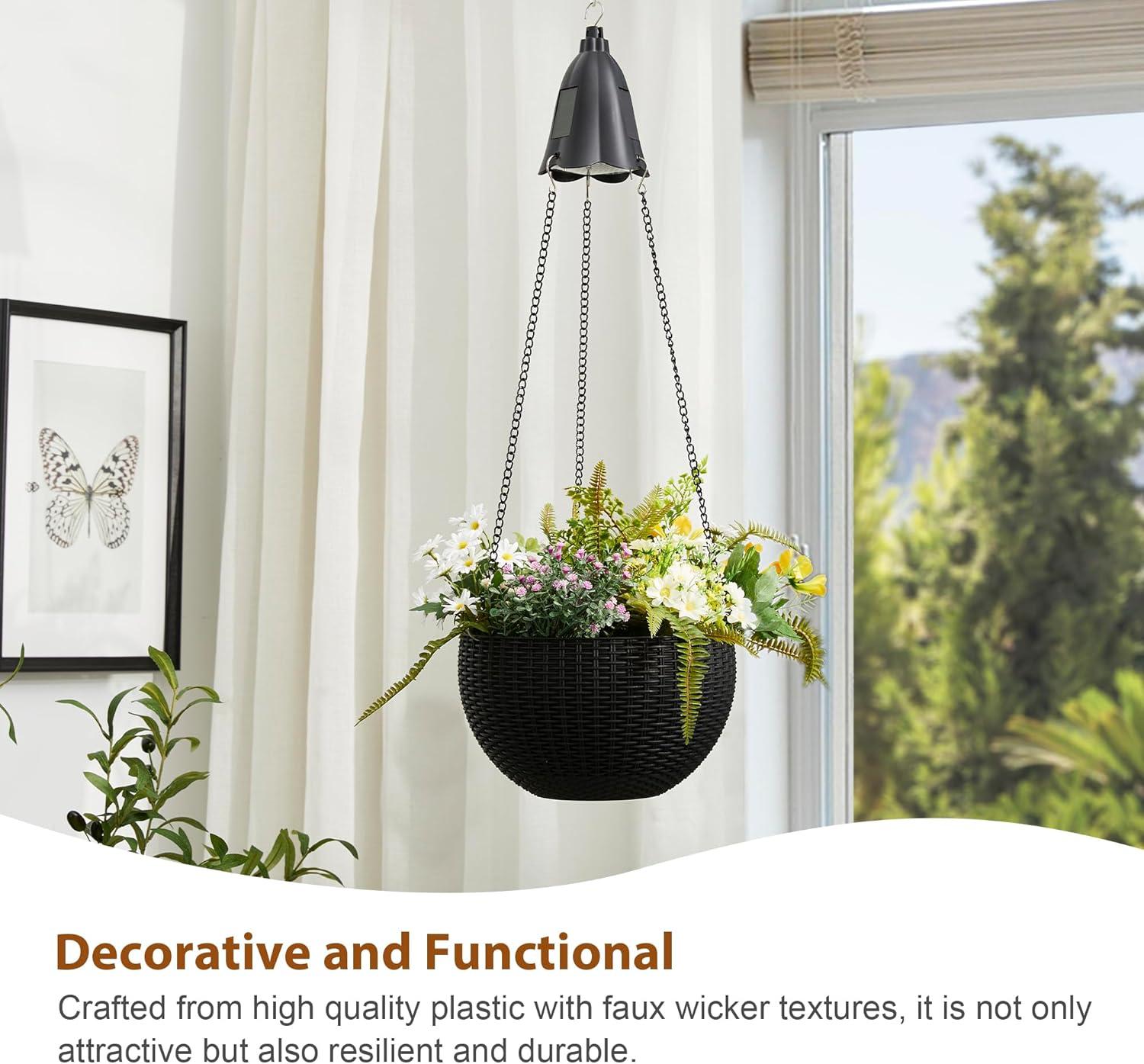 Solar Lighted Contemporary Black Plastic Hanging Planter 30"H