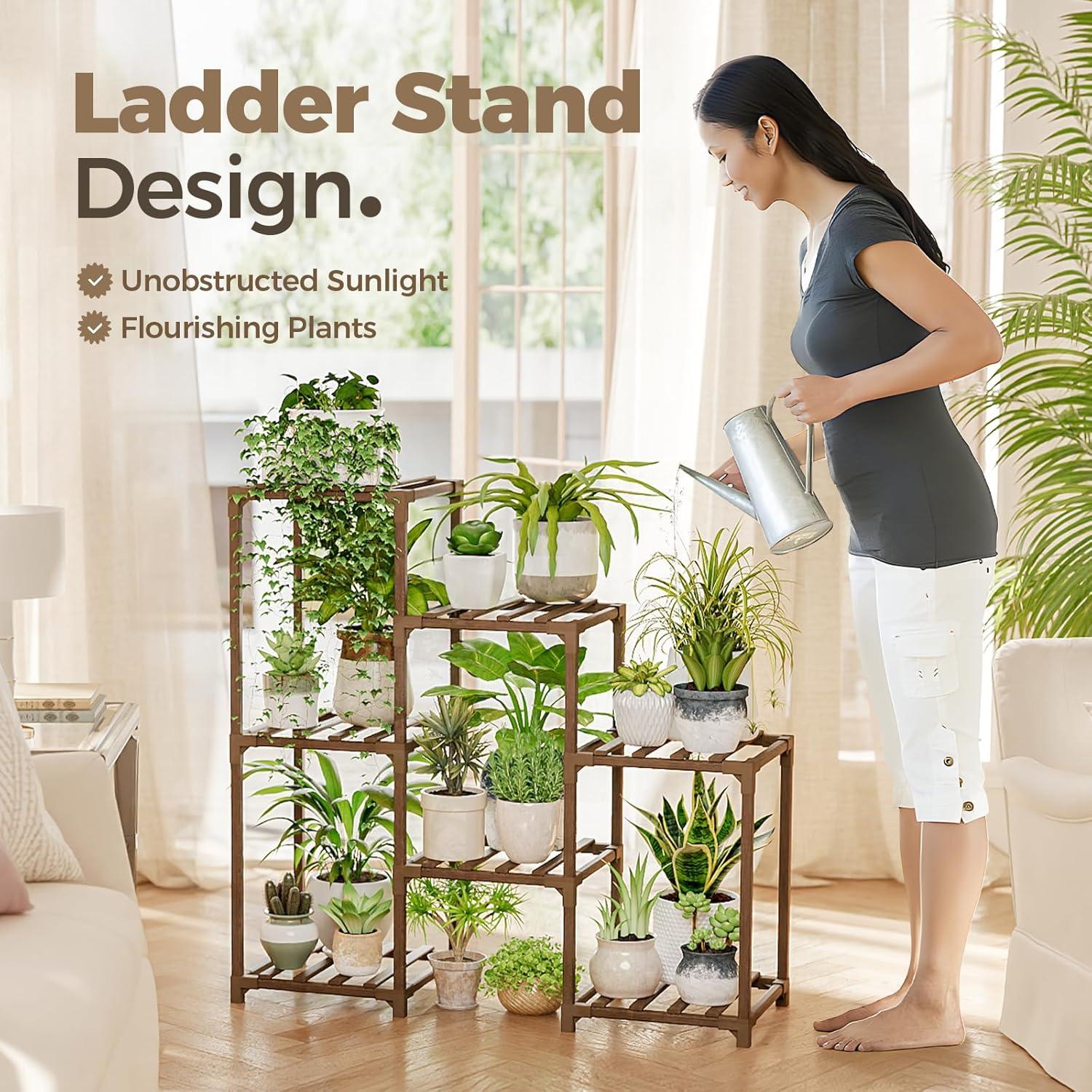 Bamworld Plant Stand Indoor Plant Shelf Outdoor Wood Plant Rack for Multiple Plants 3 Tiers Ladder Plant Holder for Living Room Patio Boho Home Decor for Gardening