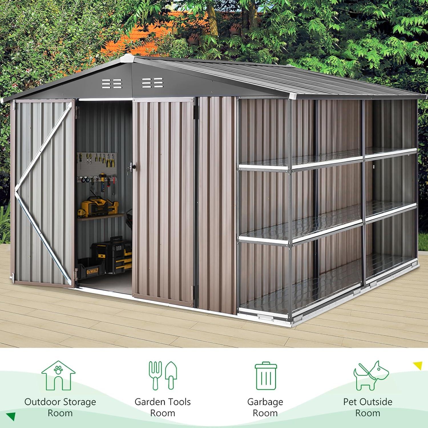 AECOJOY 10x8 Brown Metal Outdoor Storage Shed with Shelves