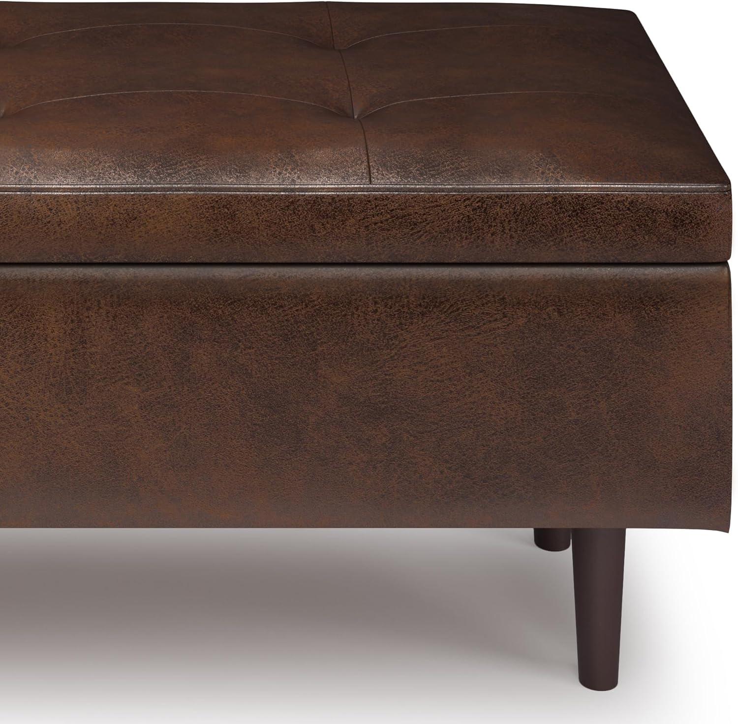 Simpli Home Shay 48 inch Wide Mid Century Modern Rectangle Mid Century Rectangular Storage Ottoman in Distressed Chestnut Brown Faux Leather