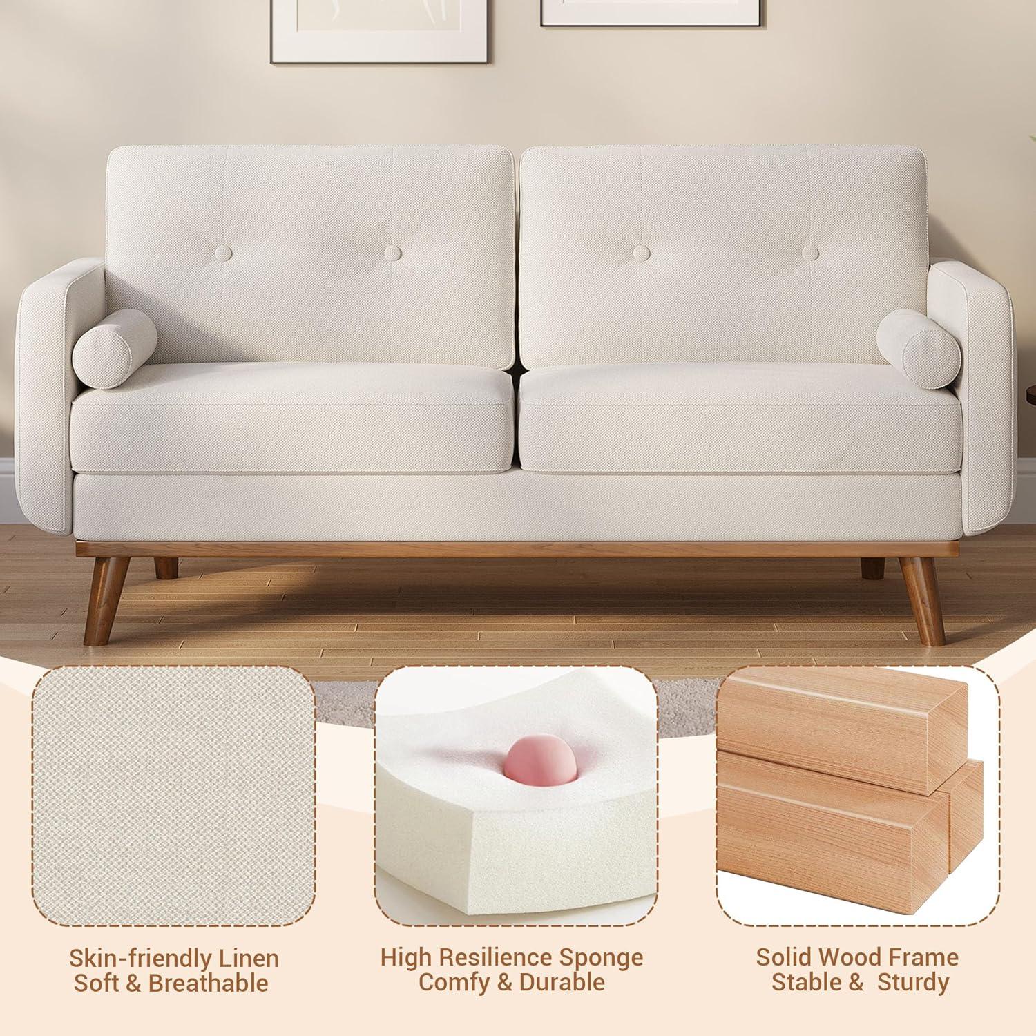 Beige Linen Upholstered Mid Century Modern Loveseat Sofa