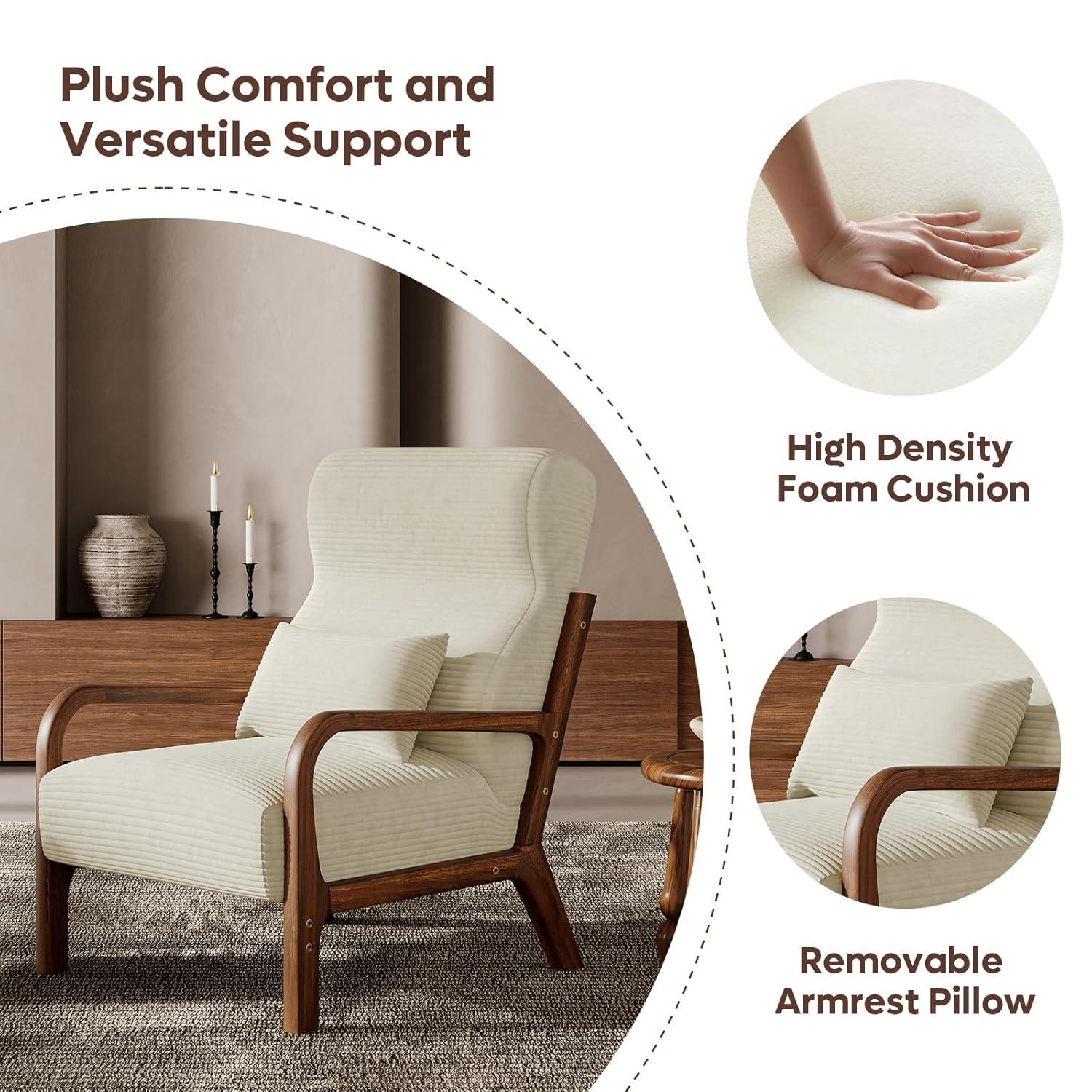 Bestier Mid Century Accent Chair Heightened Headrest with Removable Armrest Pillows,with Solid Wood Frame for Living Room, Bedroom, White