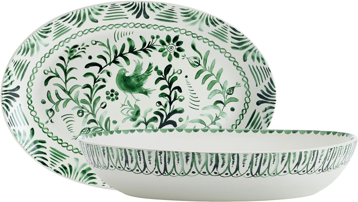 Green Floral Ceramic Oval Serving Bowl and Platter Set