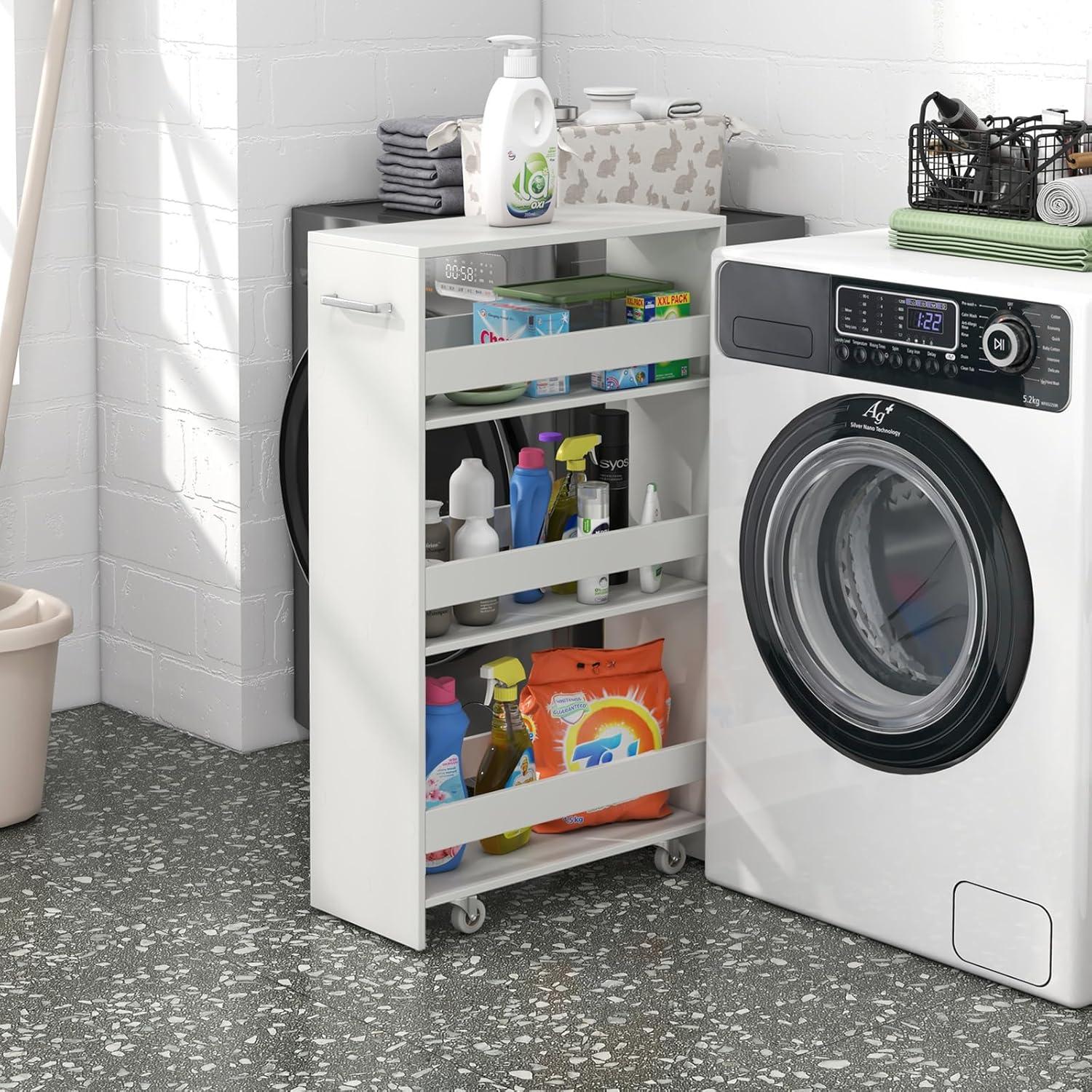 White Slim Rolling Kitchen Cart with Multi-Tier Storage