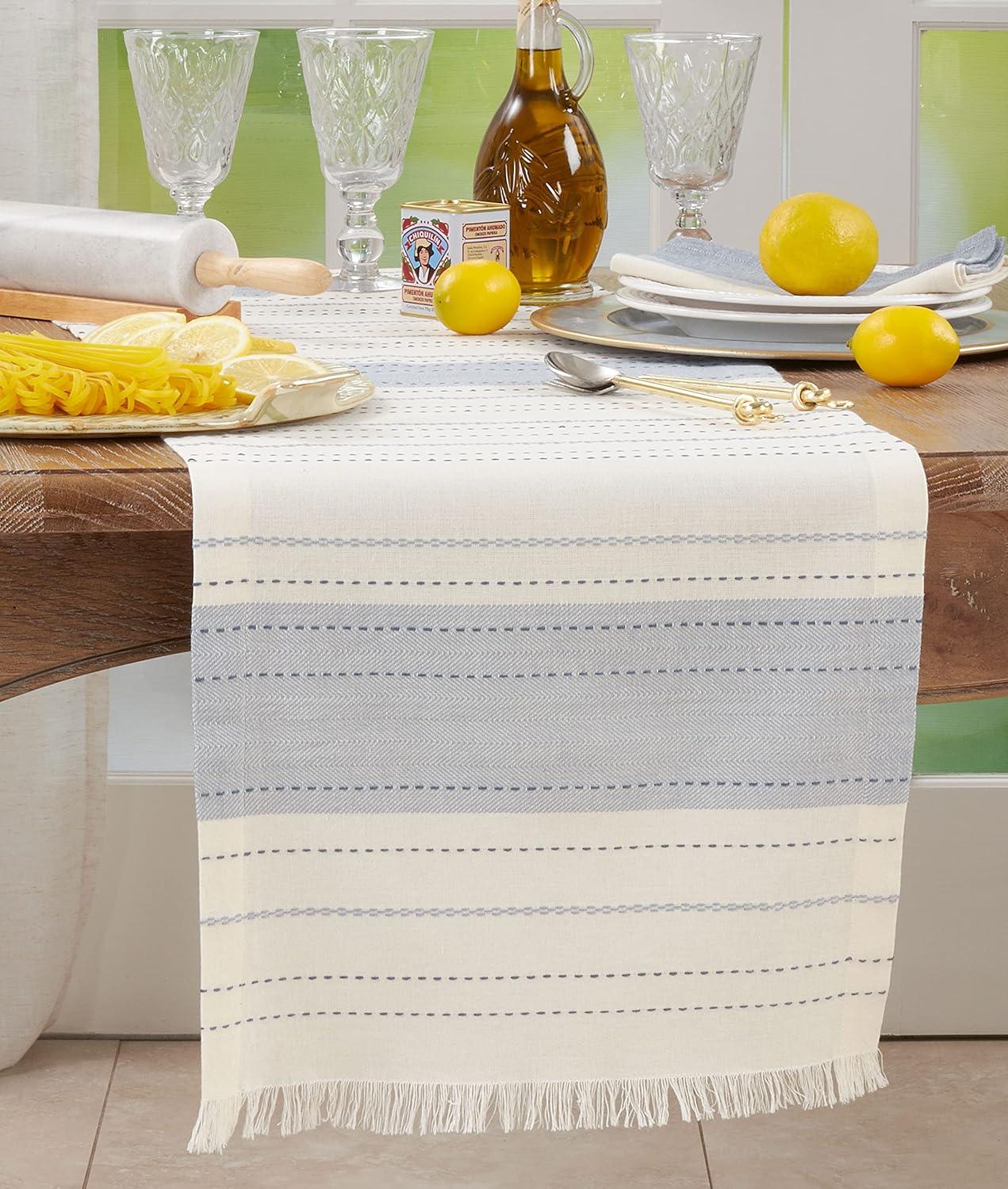 Blue and Off-White Cotton Striped Dobby Table Runner