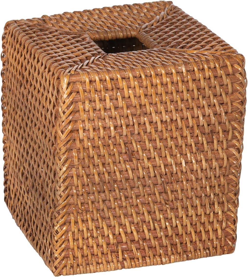 Kouboo Loma Square Rattan Tissue Box Cover, Square Hand Woven Tissue Holder, Decorative Facial Napkin Holder, Honey Brown