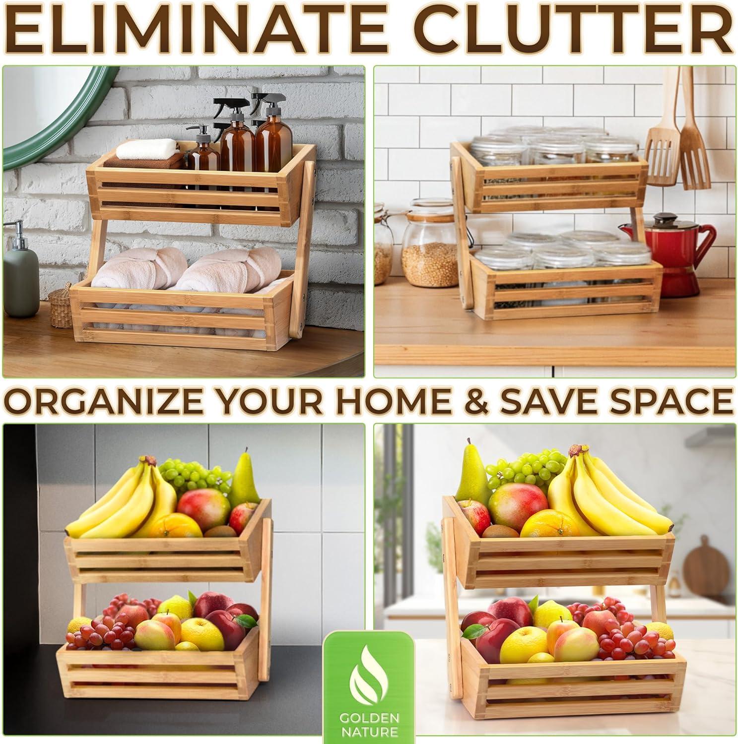 Bamboo Basket for Kitchen Counter Fruit & Vegetable Storage, Two Tier Wooden Fruit Bowl by Golden Nature