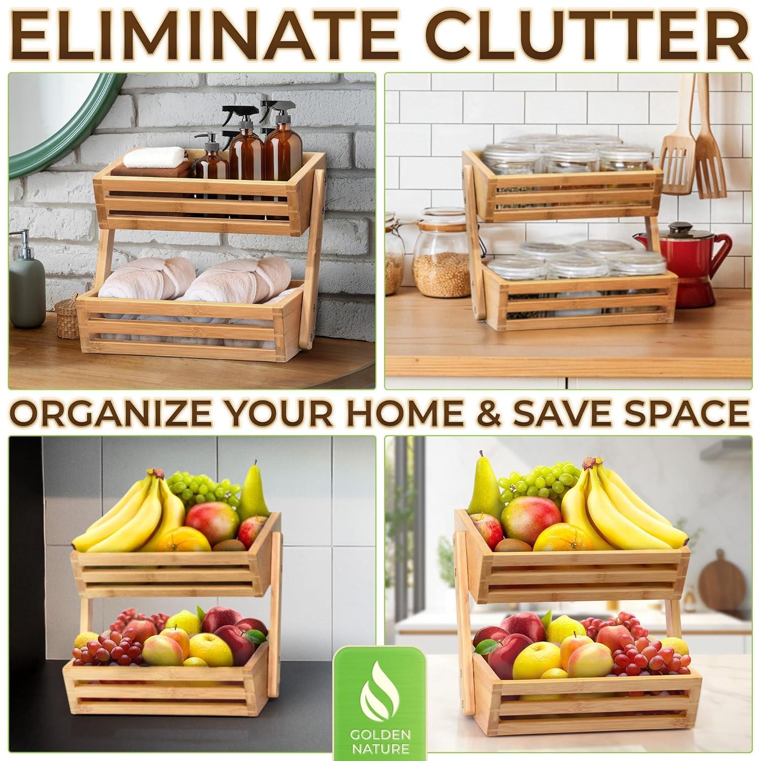 Bamboo Basket for Kitchen Counter Fruit & Vegetable Storage, Two Tier Wooden Fruit Bowl by Golden Nature