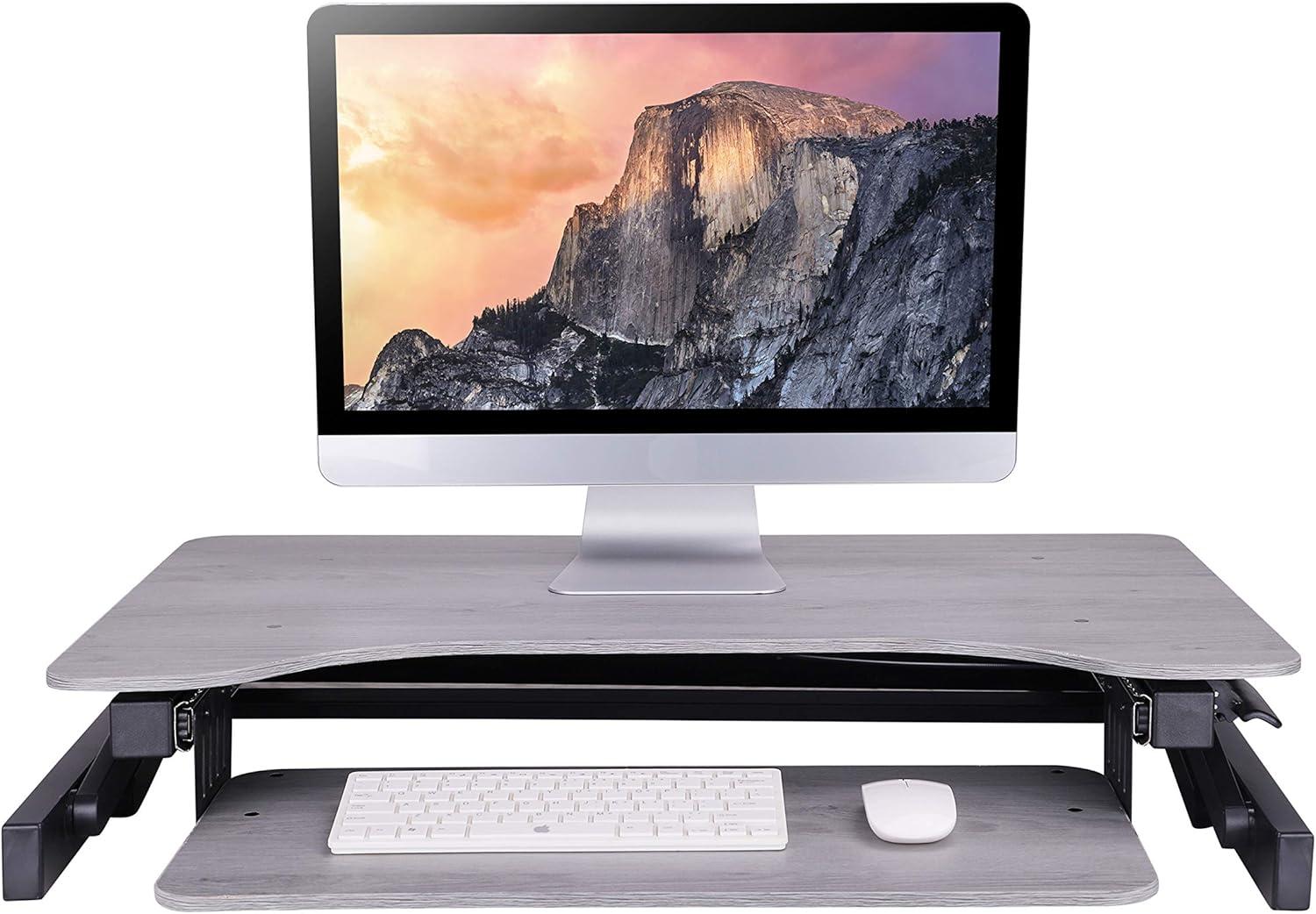 Gray Adjustable Standing Desk Converter with Retractable Keyboard Tray