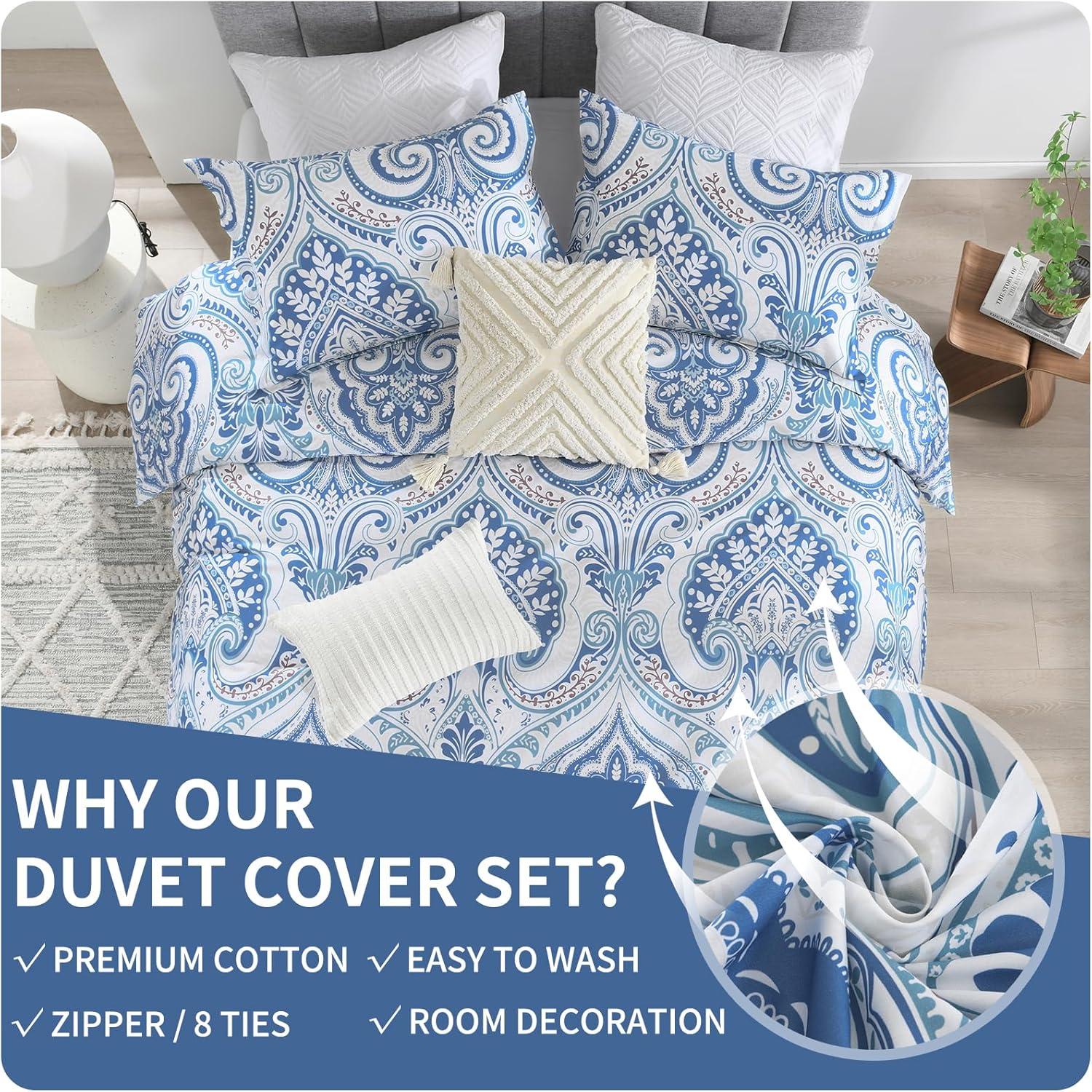Blue and White Damask Queen Size Microfiber Duvet Cover Set