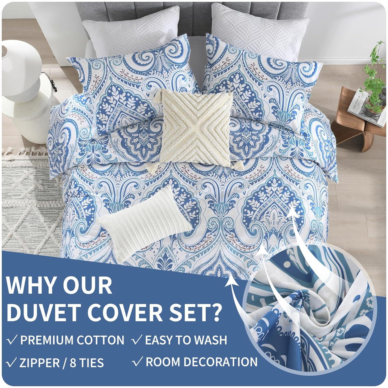 Blue and White Damask Queen Size Microfiber Duvet Cover Set