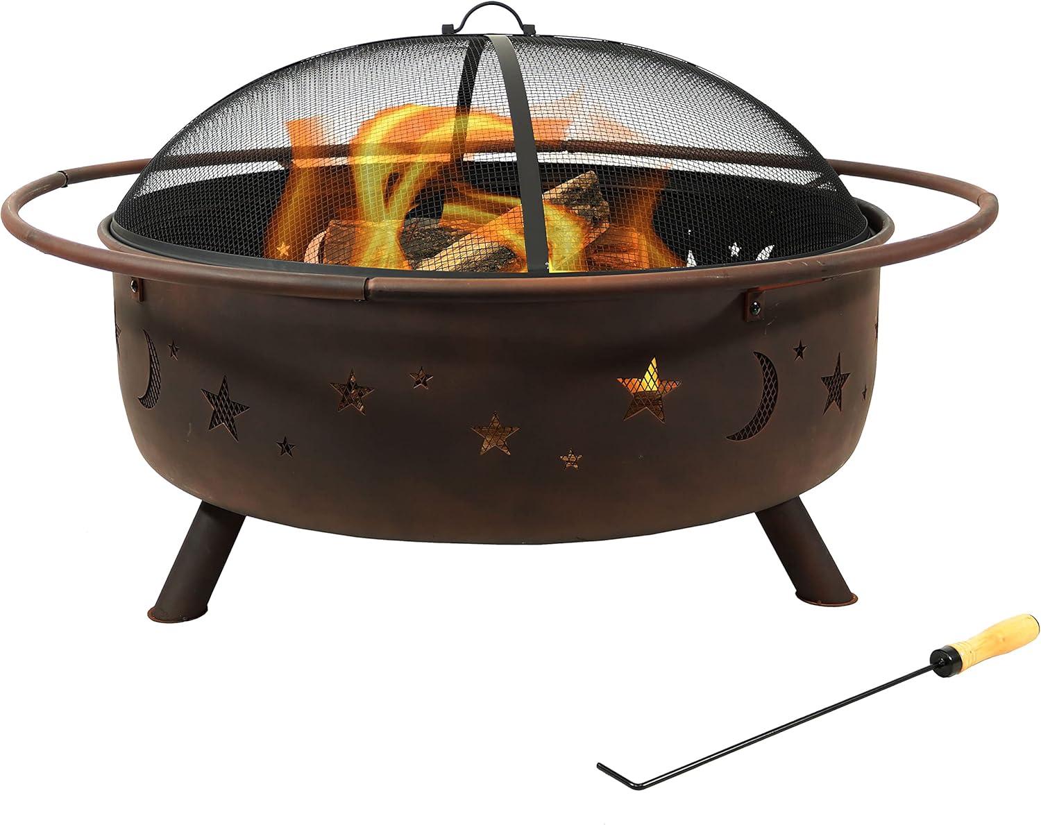 Sunnydaze Cosmic 42" Round Wood-Burning Bronze Finish Steel Fire Pit with Spark Screen