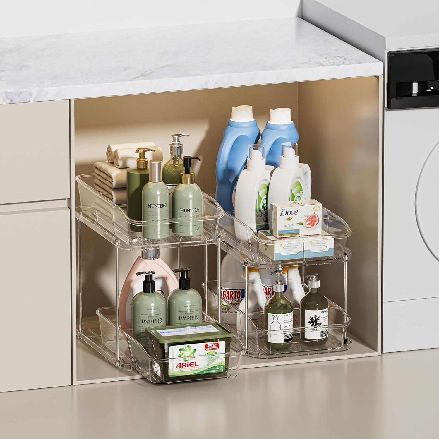 THE GLAMOUR BOUTIQUES 2 Sets Of 2-Tier Clear Under Sink Organizers And Storage, Multi-Purpose Stackable Bathroom Cabinet Organizers, Pull Out Kitchen Pantry Organization And Storage With Dividers