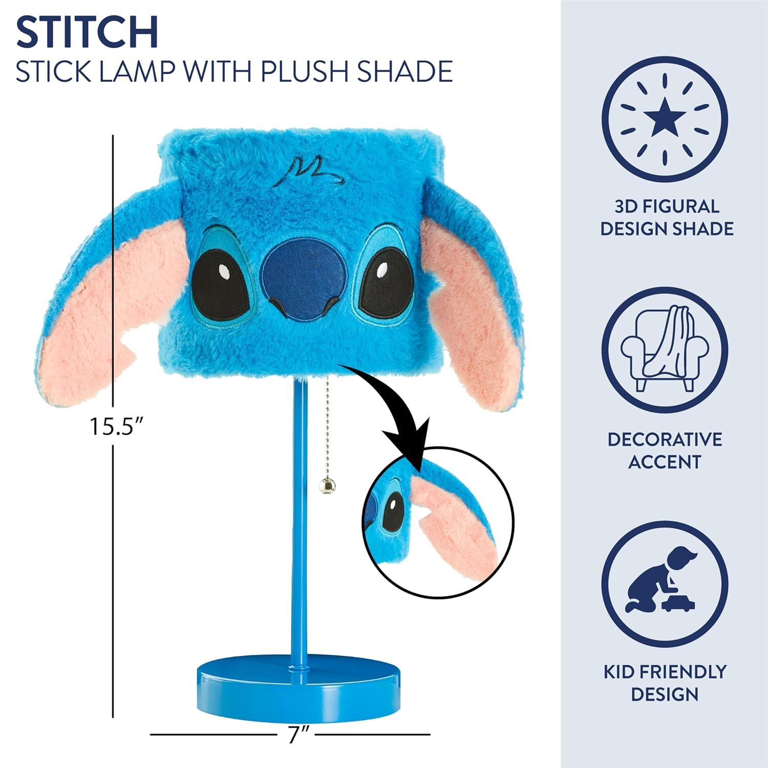 Idea Nuova Disney Stitch Plush Table Lamp,15.5" Figural Lamp with Soft Shade & Pull Chain,Kids Bedroom or Nursery Nightstand Light,Blue