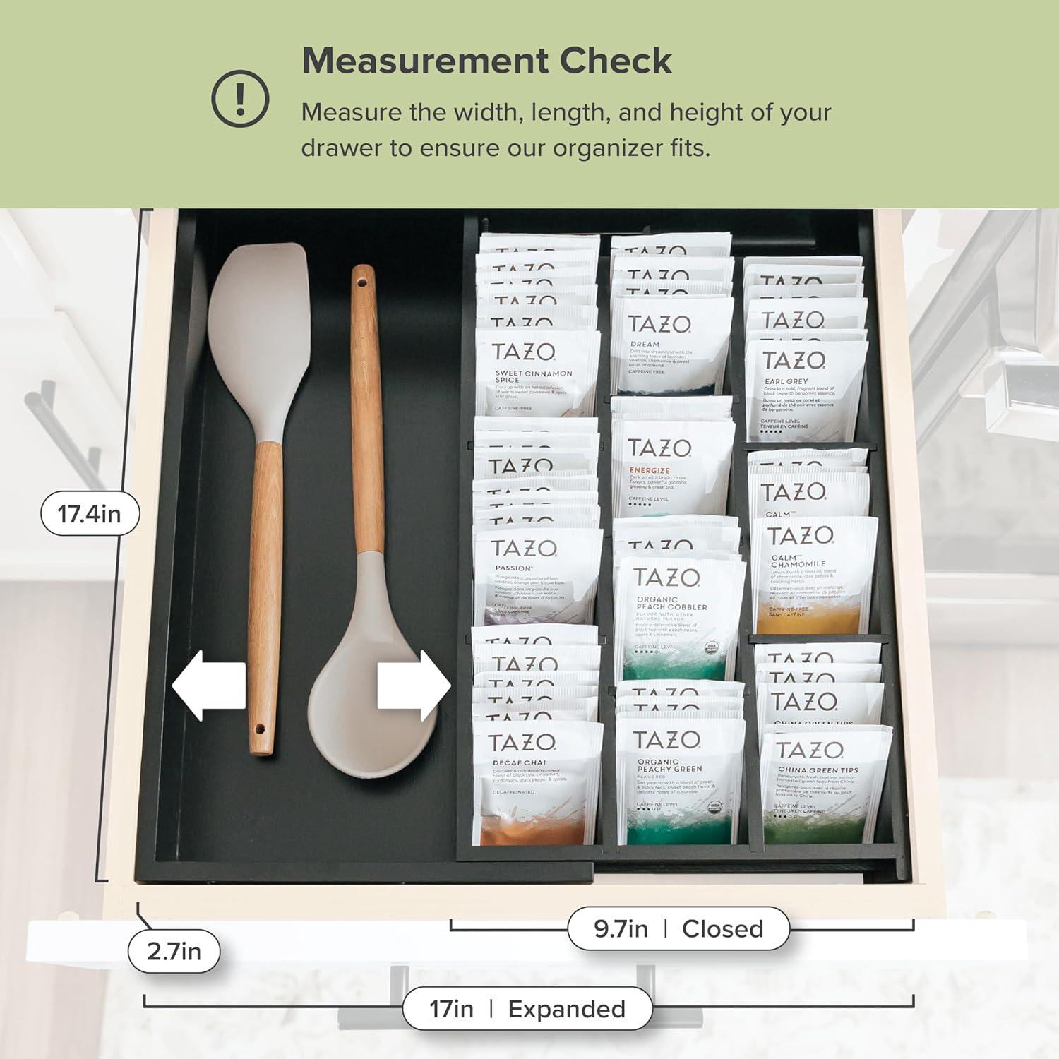 KitchenEdge Tea Bag and Coffee Pod Kitchen Drawer Organizer, Expandable 10 to 17 Inches, 10 Storage Compartments, Adjustable Wall Inserts, Non-Slip Feet, Food-Safe Black Finish, 100% Bamboo Wood