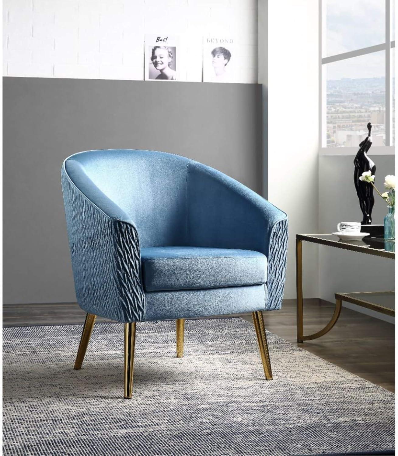 Sloped Armrest Blue Velvet and Gold Metal Accent Chair