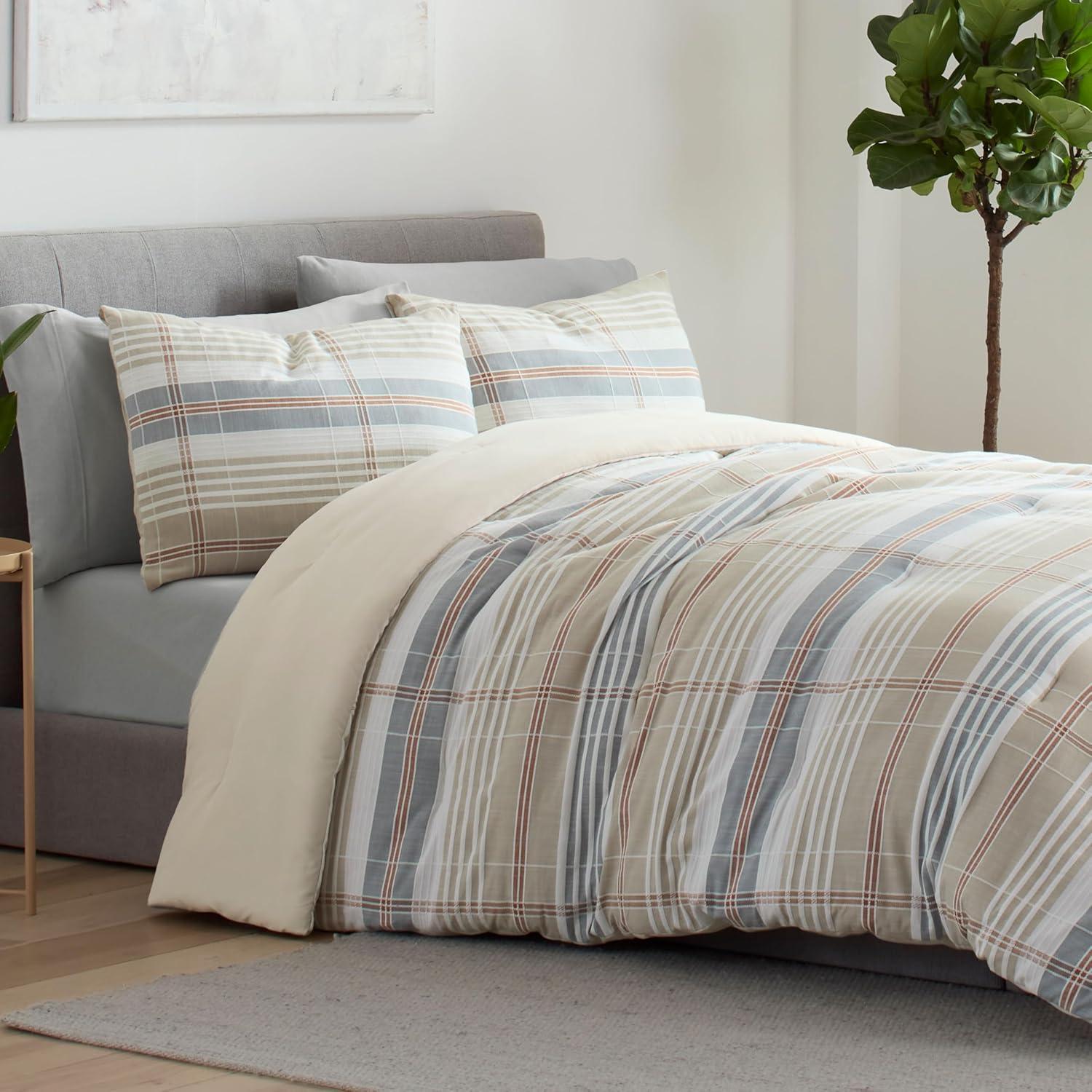 Vellux Oslo Plaid King Comforter Set, 3-Piece, 100% Cotton, Soft & Lightweight, 108x94, Taupe