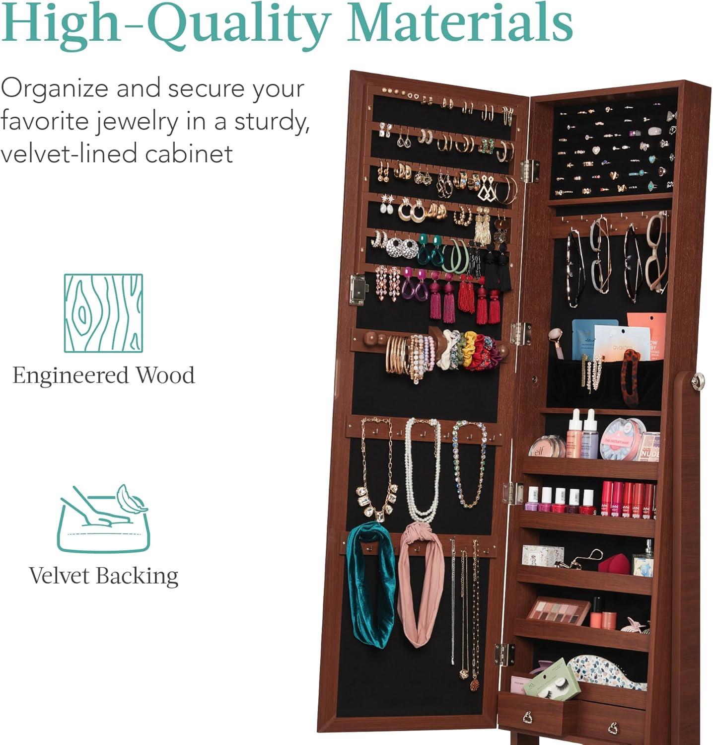 Best Choice Products Jewelry Armoire Cabinet, Full Length Mirror w/ Velvet Storage Interior, Lock - Walnut