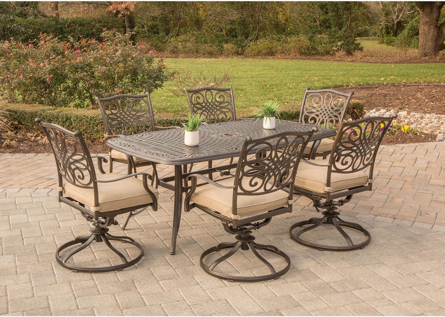 Hanover Traditions 7-Piece Rust-Free Aluminum Outdoor Patio Dining Set with Tan Cushions, 6 Swivel Rockers and Aluminum Rectangular Dining Table with Umbrella, TRADITIONS7PCSW6-SU