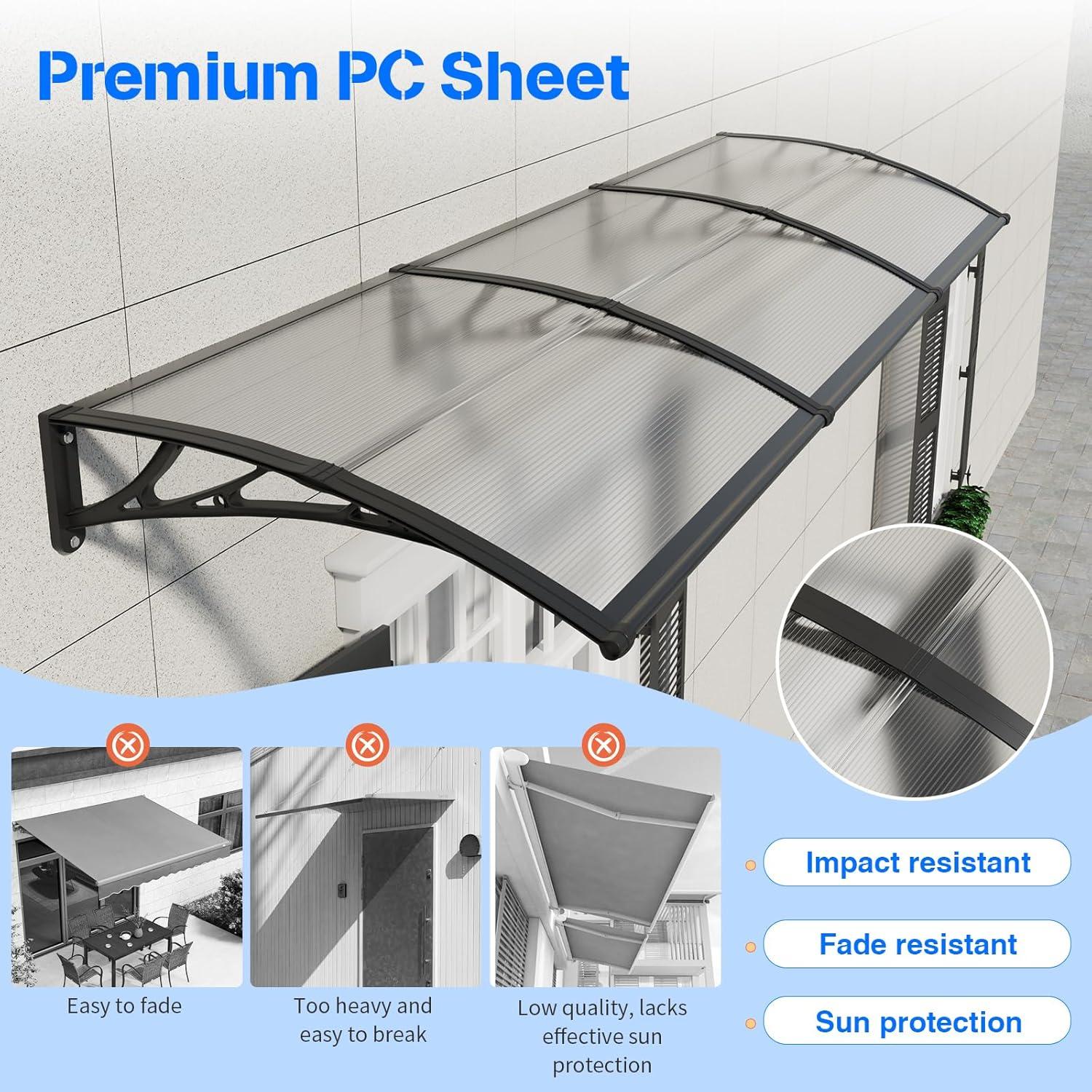 VEVOR Window Door Awning Canopy 40" x 40", UPF 50+ Polycarbonate Entry Door Outdoor Window Awning Exterior, Front Door Overhang Awning