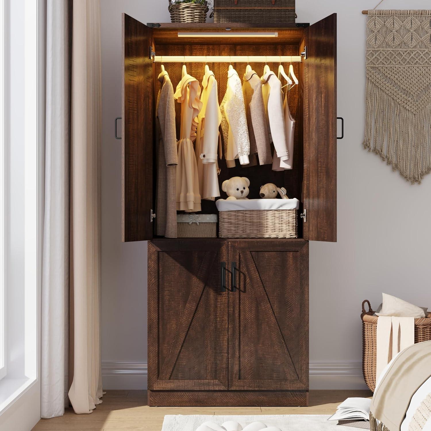Ivy Bronx 75" Tall Farmhouse 2 Doors Armoire Wardrobe Closet with 3 Drawers and LED,Freestanding Closet