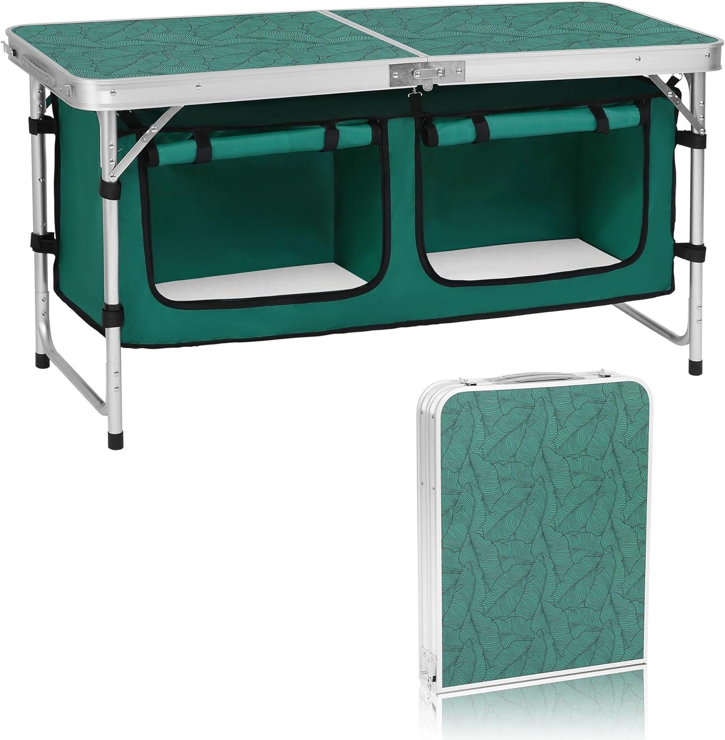 Green Aluminum Folding Camping Table with Adjustable Legs