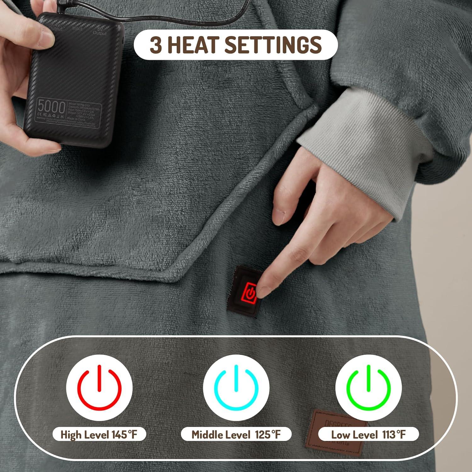 Gray Fleece Sherpa Hooded Heated Wearable Blanket