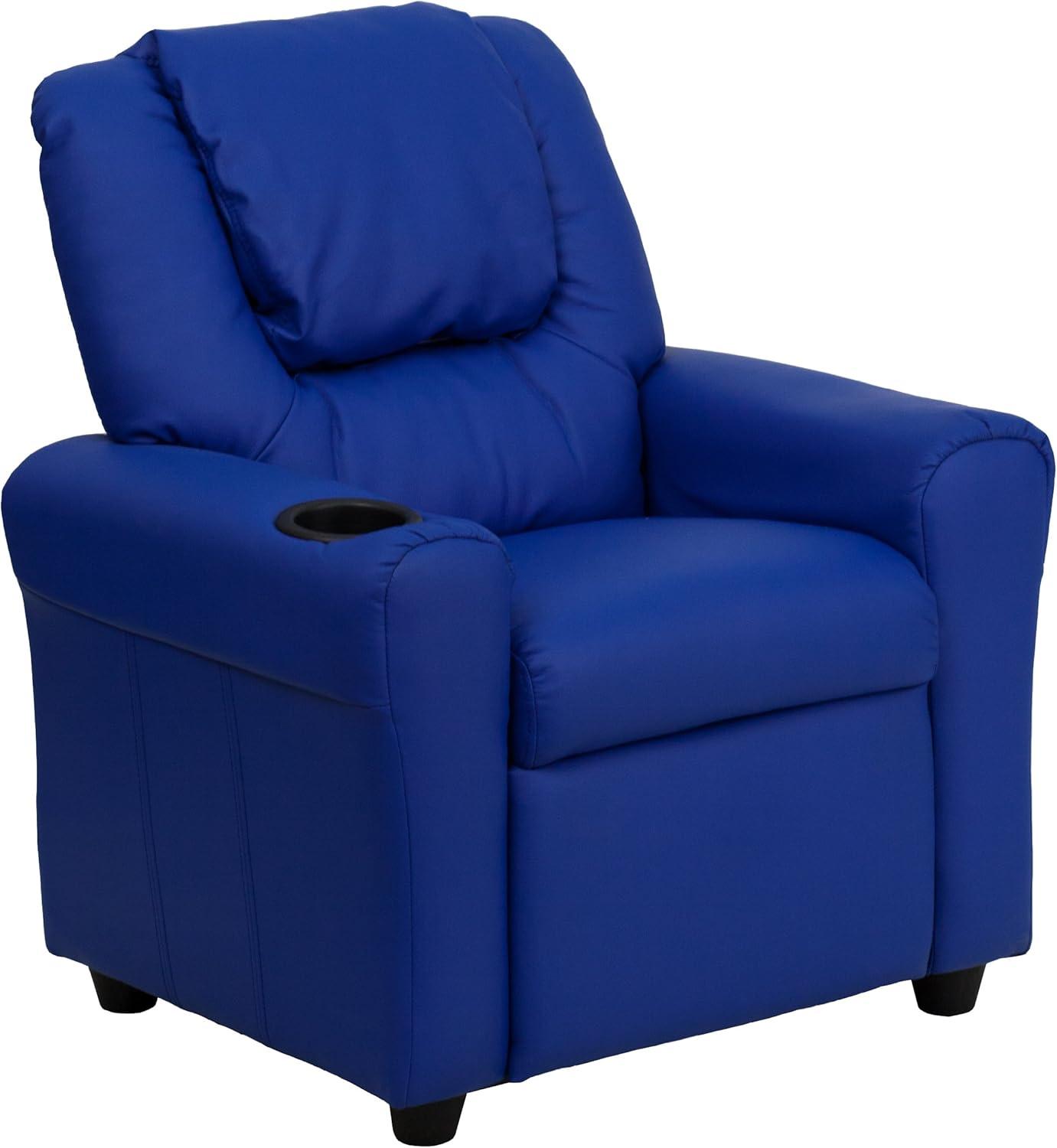 Emma and Oliver Blue Vinyl Kids Recliner with Cup Holder and Headrest