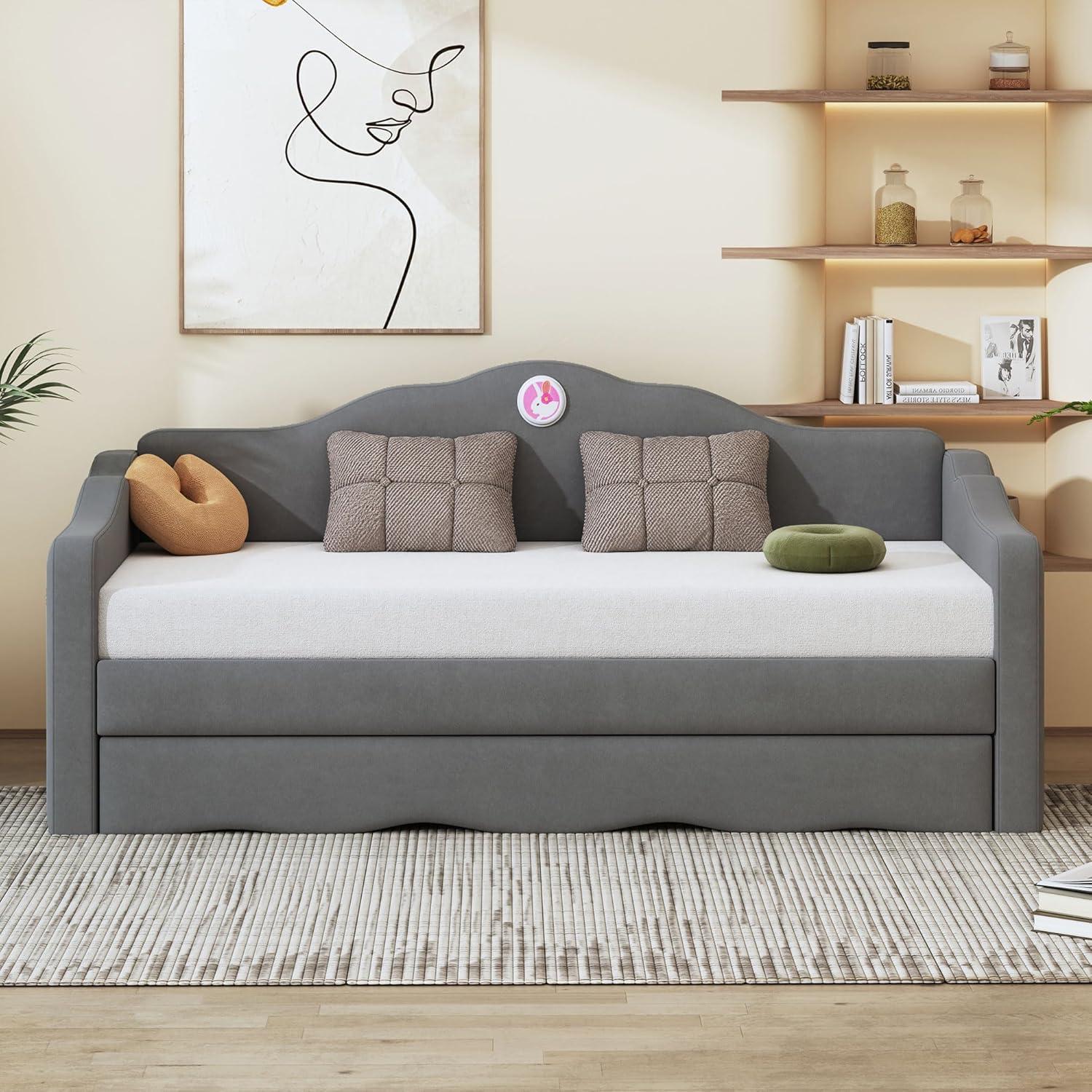 Ball & Cast Upholstered Twin Size Daybed with Trundle, Sofa Bed Frame with Wave-Shaped Back & Arm & Wood Slat Support, No Box Spring Needed, Gray