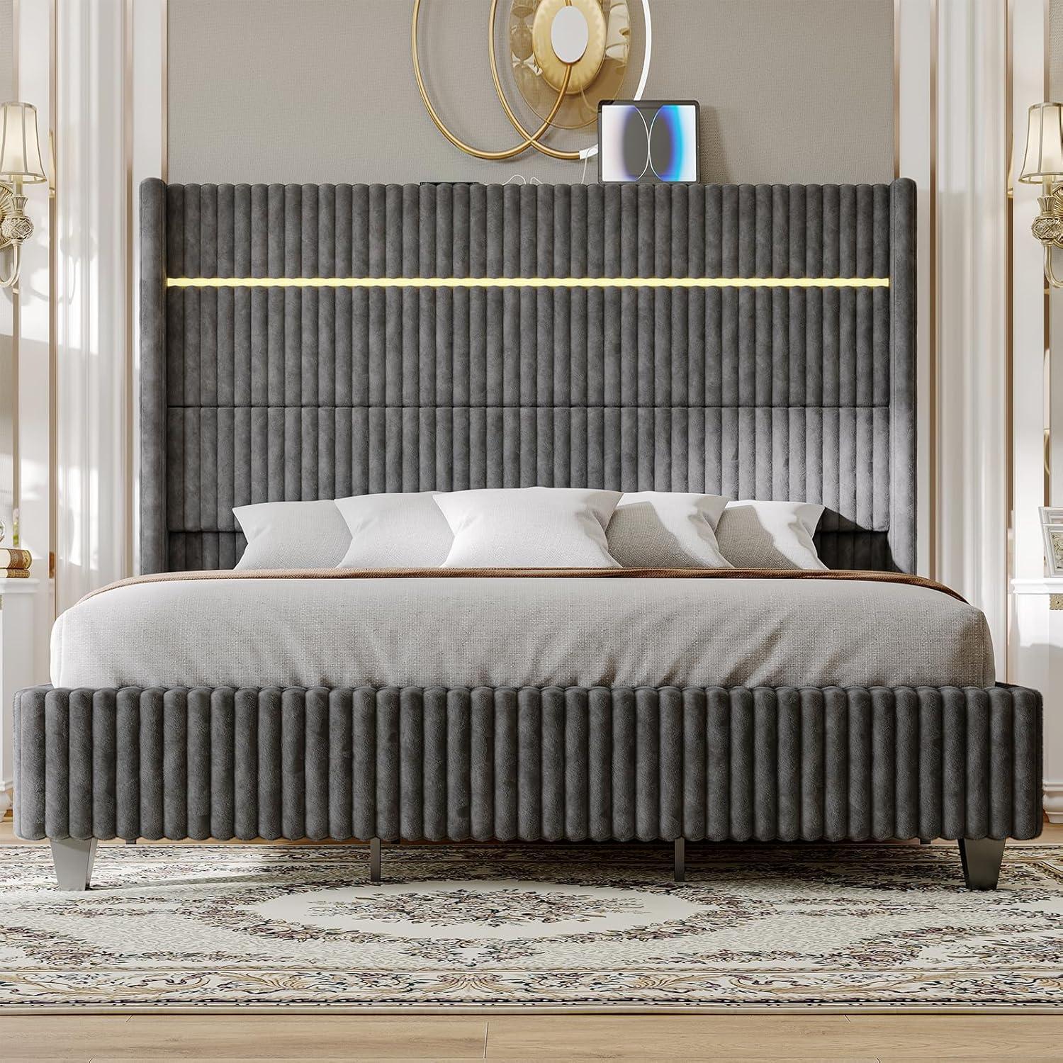 Ivy Bronx LED Bed Frame, Corduroy Upholstered Platform with 60" Tall Headboard & Charging Station