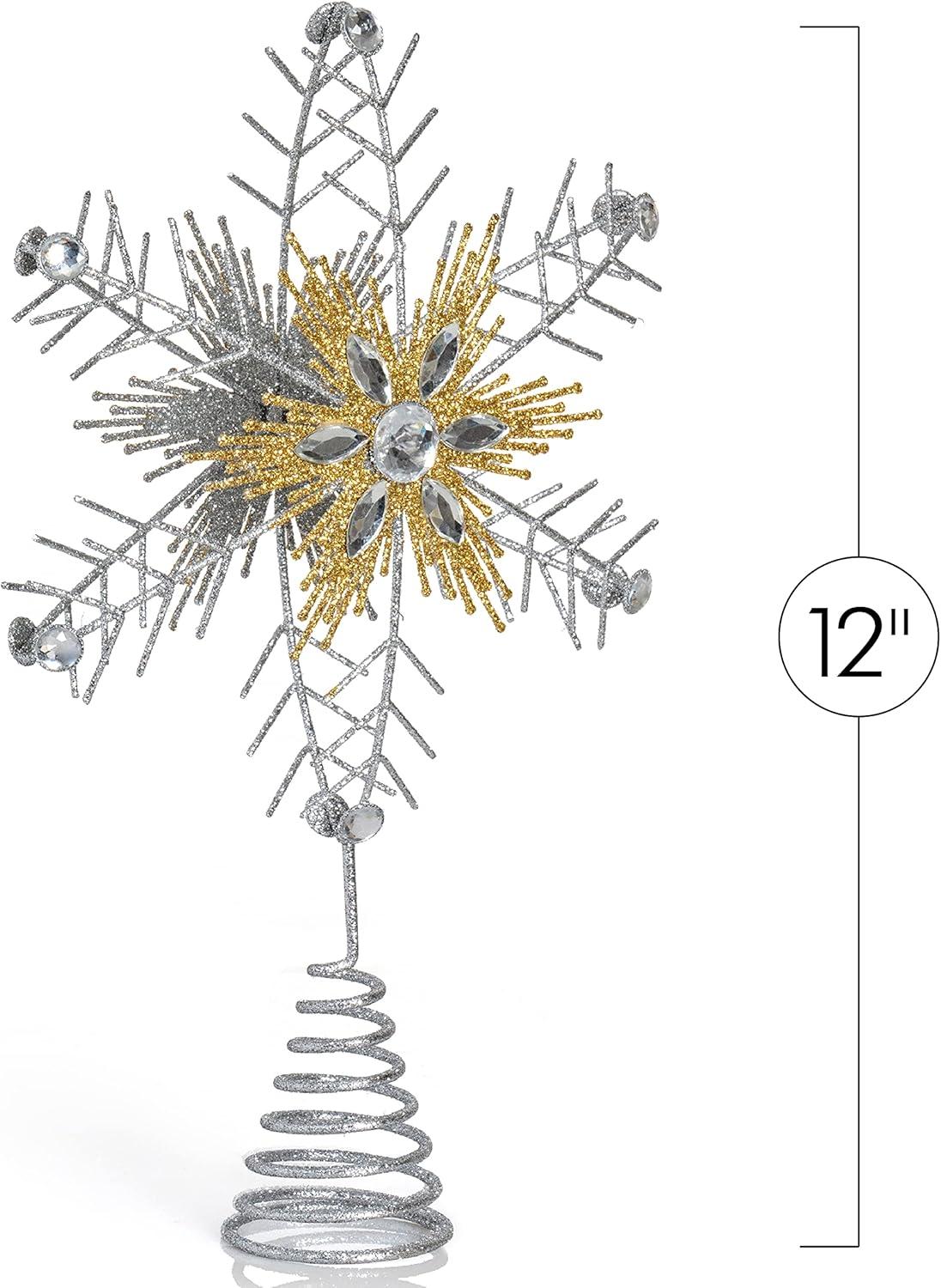 Silver and Gold Glitter Snowflake Tree Topper with Gems