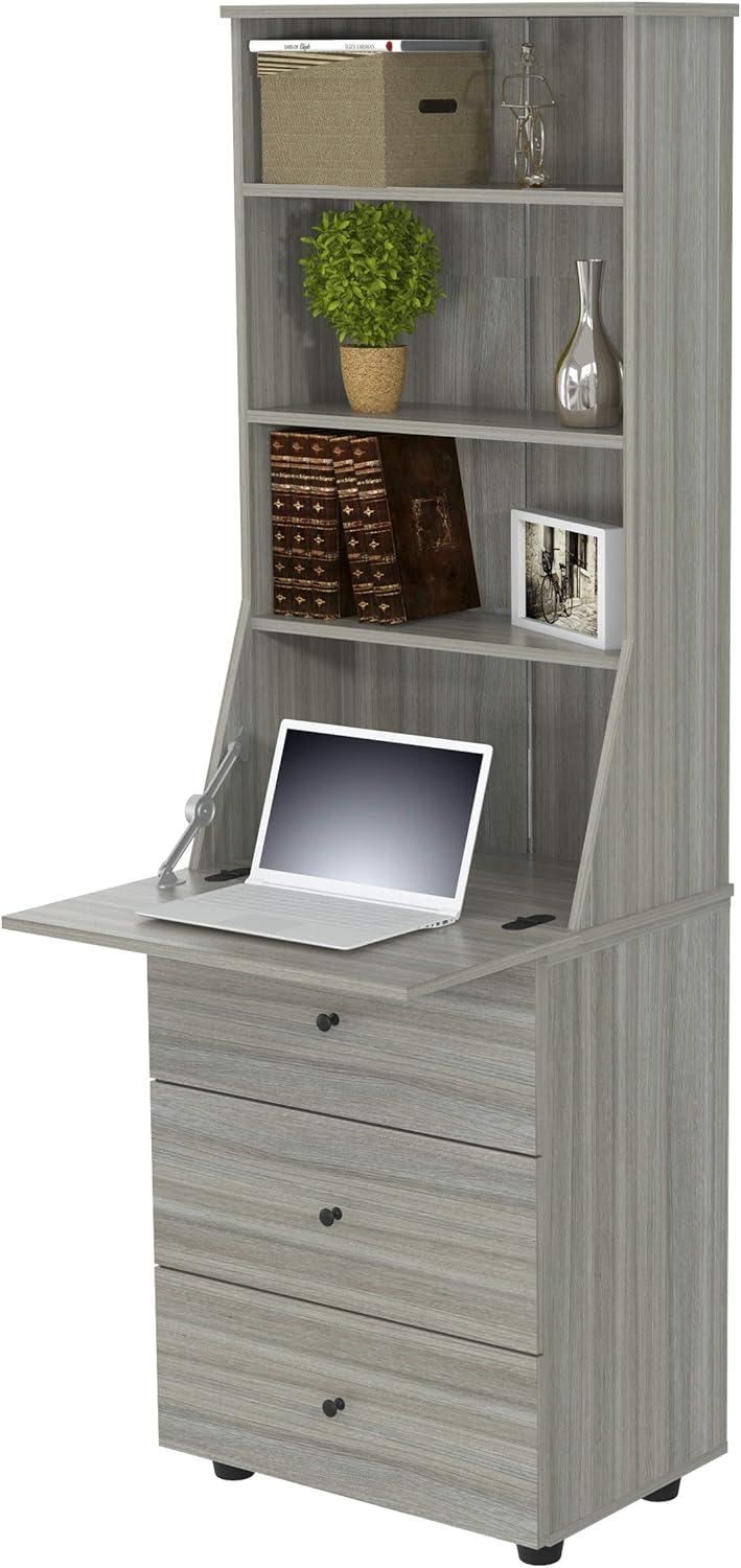 Computer Credenza Workcenter Gray - Inval: Smoke Oak Laminate, Glass Doors, Cable Management