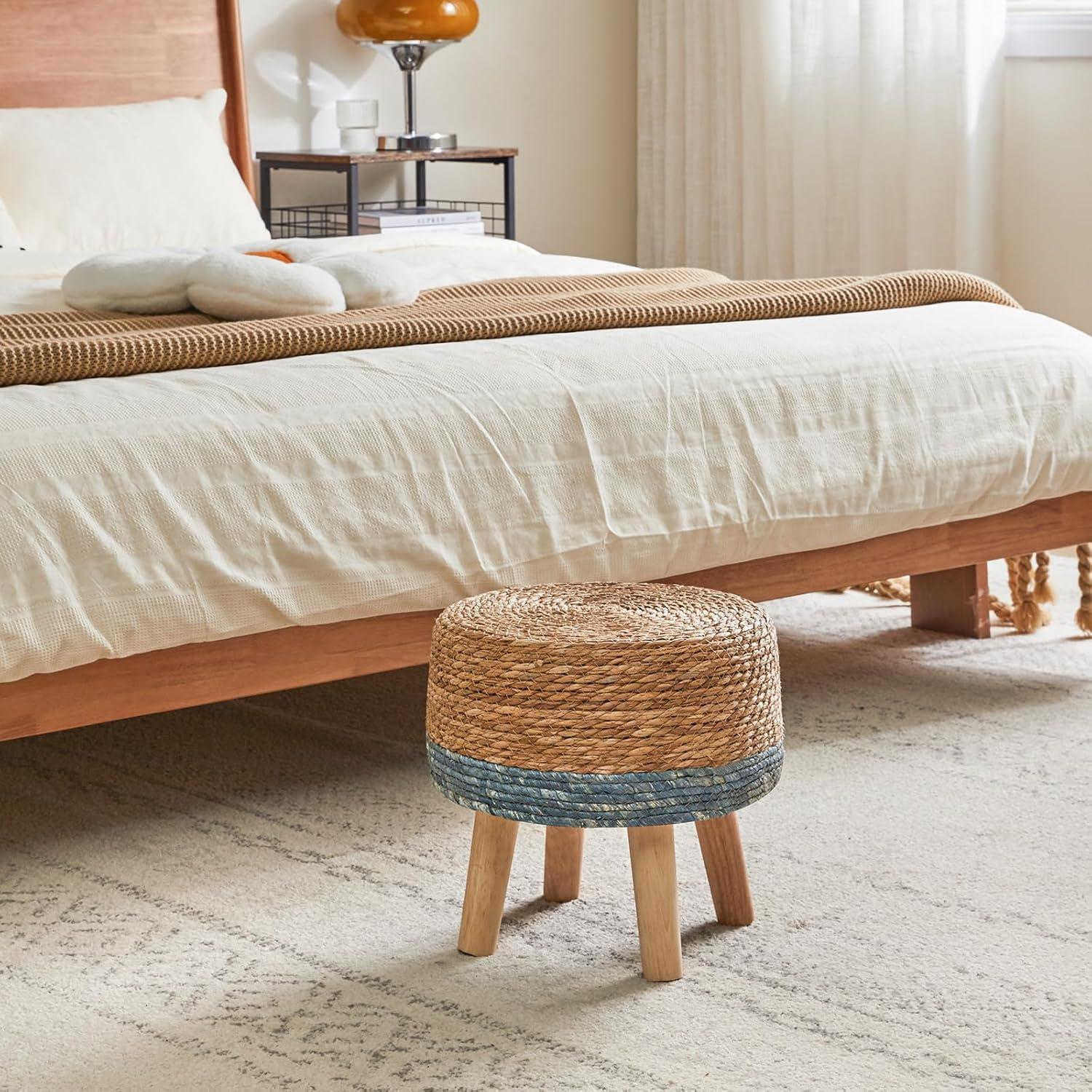 YMYNY Foot Stool Natural Seagrass Hand Weave, 12.6" Small Ottoman, Round Footrest for Living Room, Bedroom, Entryway, Change Shoes Stool, Non-Skid Wood Legs, Boho, Blue+White UHBD027QW