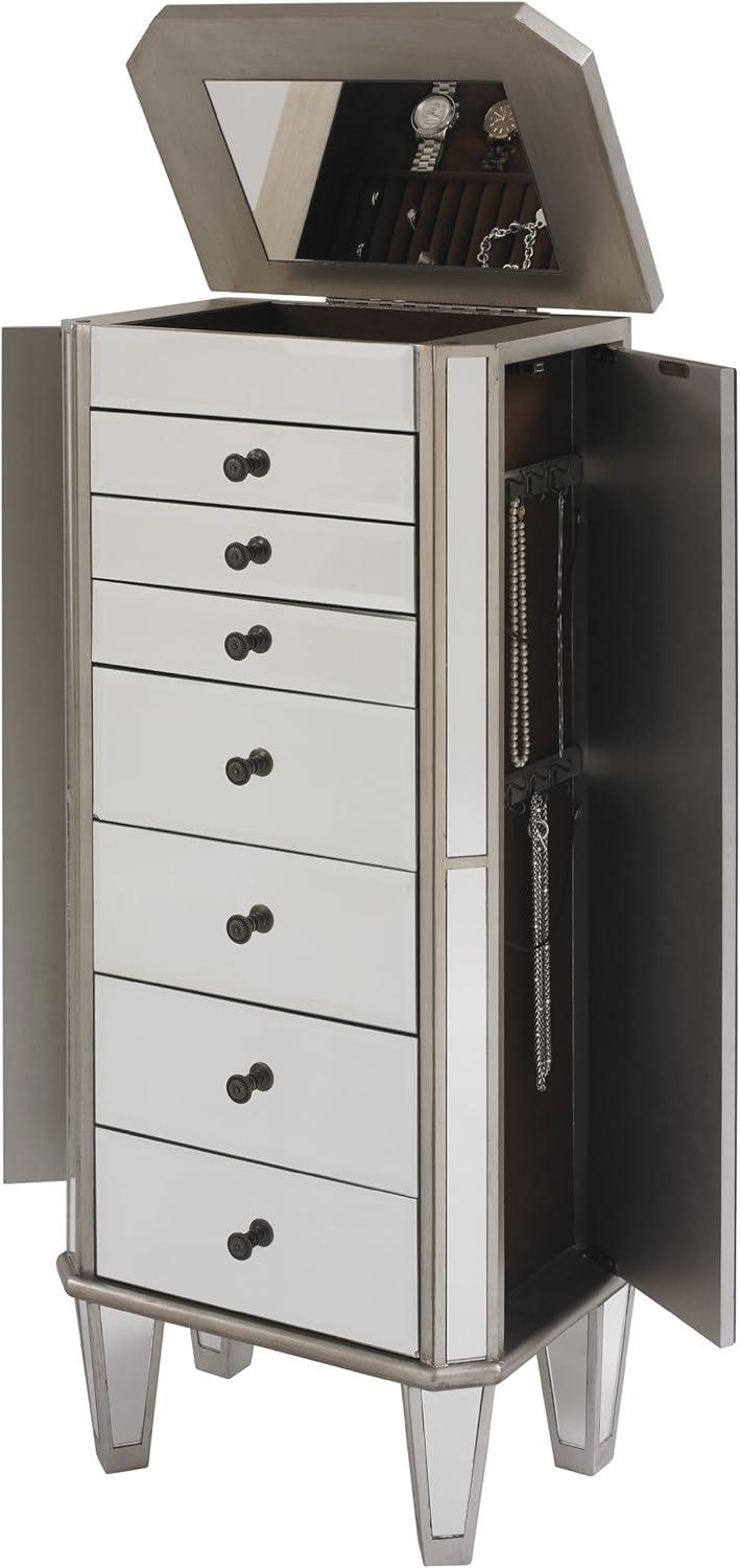 Linon Mason Mirrored 7 Drawer Flip Top Side Storage Jewelry Armoire in Silver