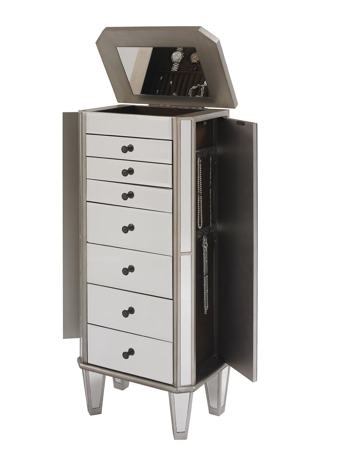 Linon Mason Mirrored 7 Drawer Flip Top Side Storage Jewelry Armoire in Silver