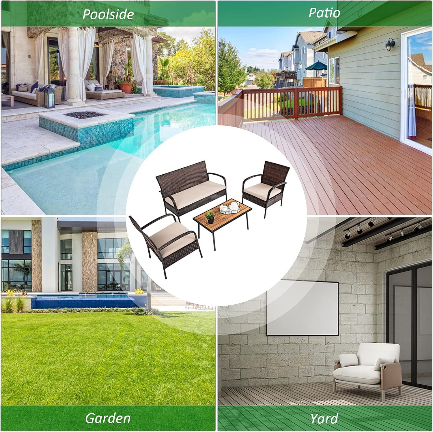 Tangkula 4PCS Cushioned Rattan Patio Conversation Set Outdoor Furniture Set