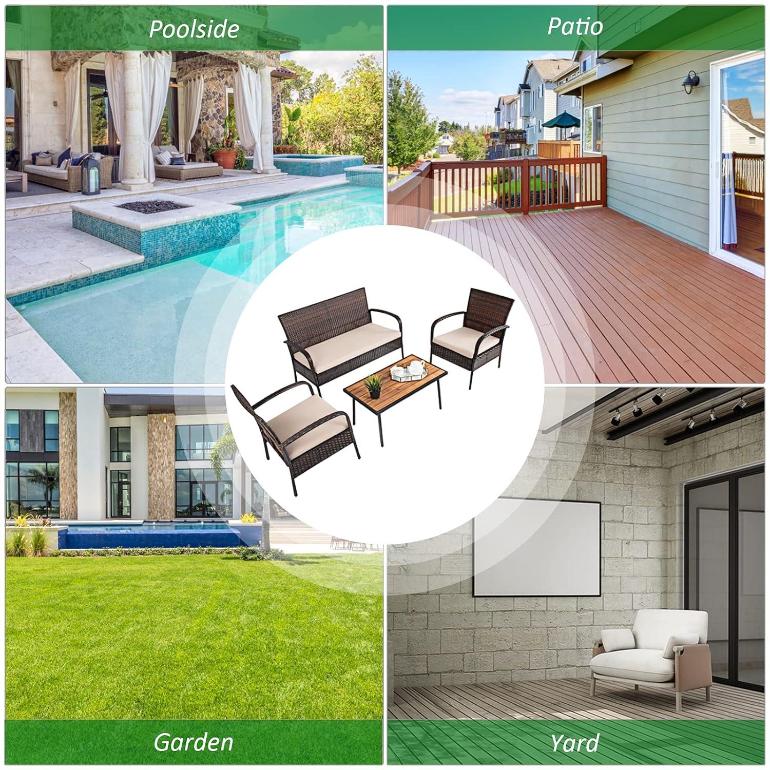 Tangkula 4PCS Cushioned Rattan Patio Conversation Set Outdoor Furniture Set