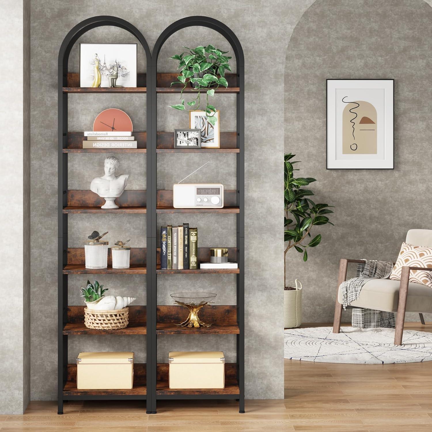 Tribesigns 6-Tier Open Bookshelf, 78.7" Tall Arched Bookcase Narrow Bookshelf, Rustic Brown