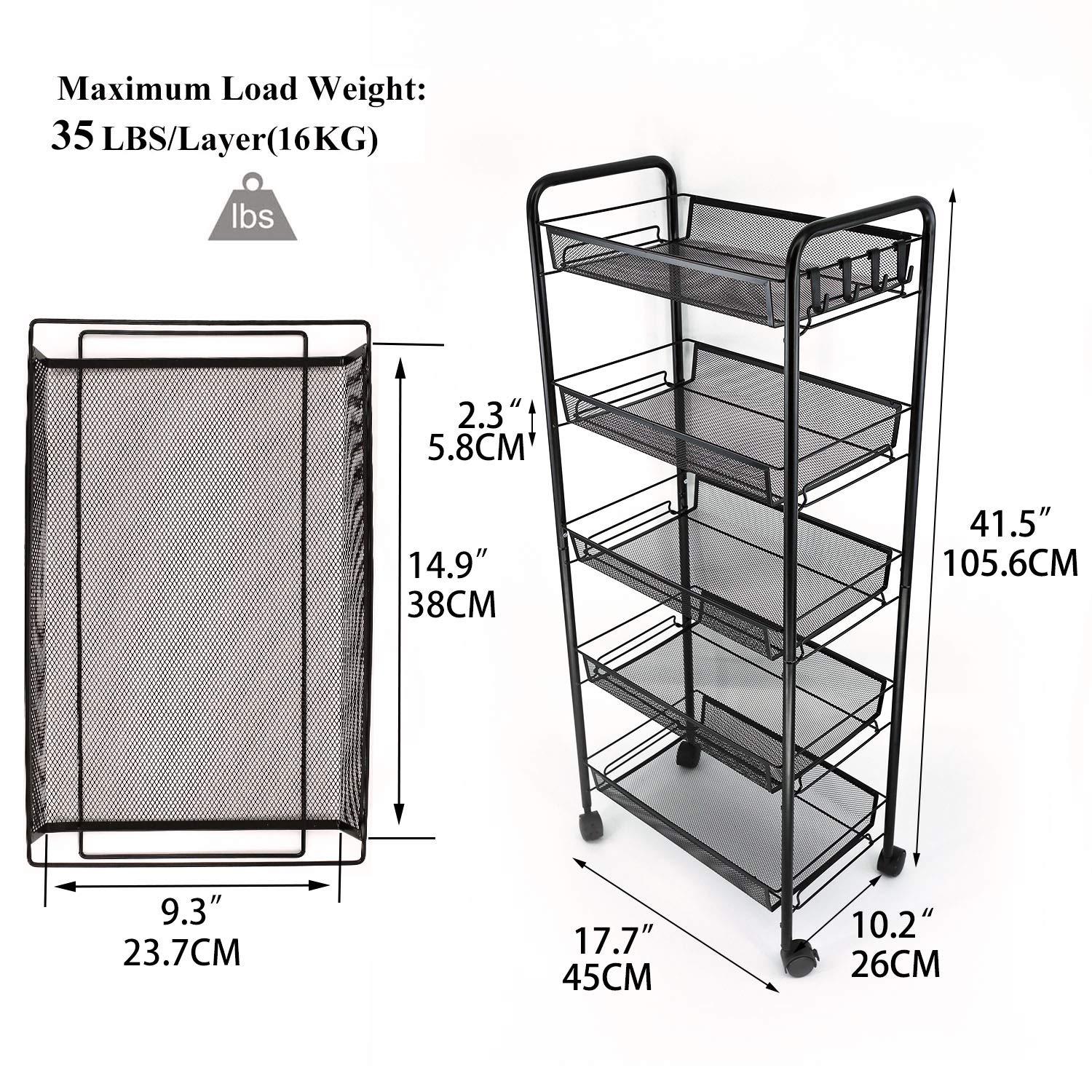 JANE EYRE 5-Tier Rolling Utility Storage Rack Cart on Wheels, Trolley Craft cart, Multi-Purpose Organizer Shelf, Black