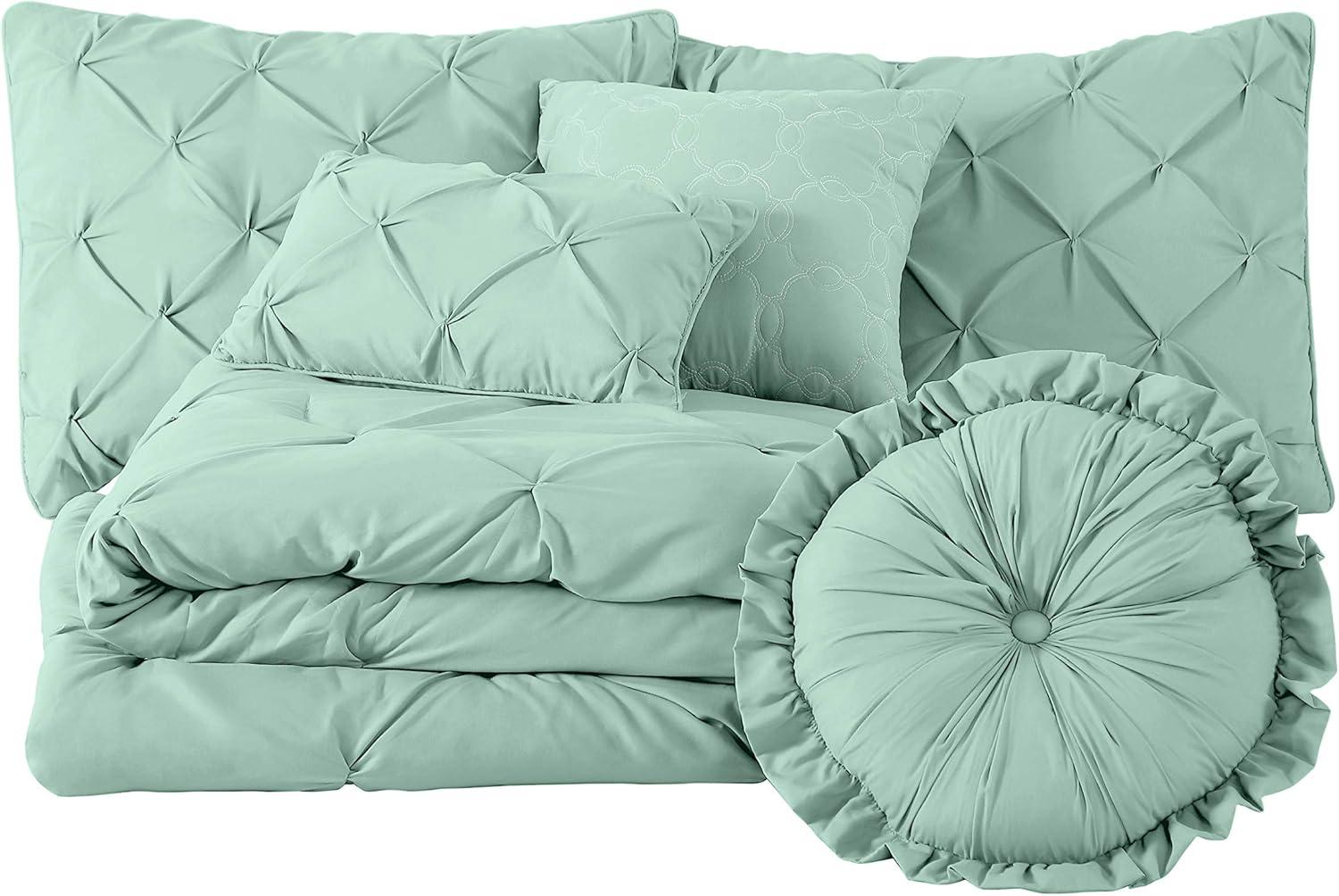 Chezmoi Collection Sydney 7-Piece Pintuck Comforter Set, Full, Seafoam Green